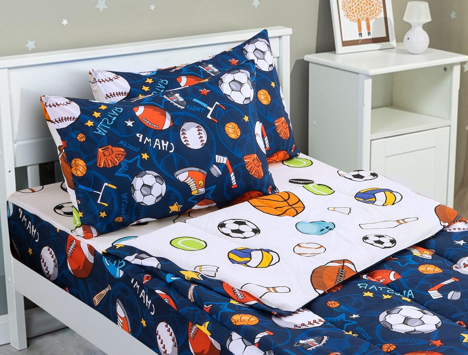 3-Piece Kids Comforter Set with Zipper - Twin Sports Bedding for Boys (Basketball, Football, Baseball Theme) - Navy Blue All-in-One Zippered Bedding Set - Perfect for Kids' Rooms, Dormitories & Sleepovers