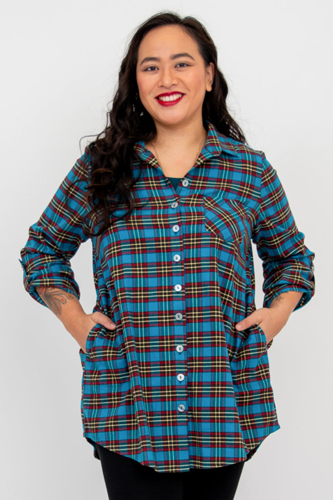 Celine Women's Cotton Plaid Tunic Top - Stylish Casual Shirt for Work, Office, and Everyday Wear