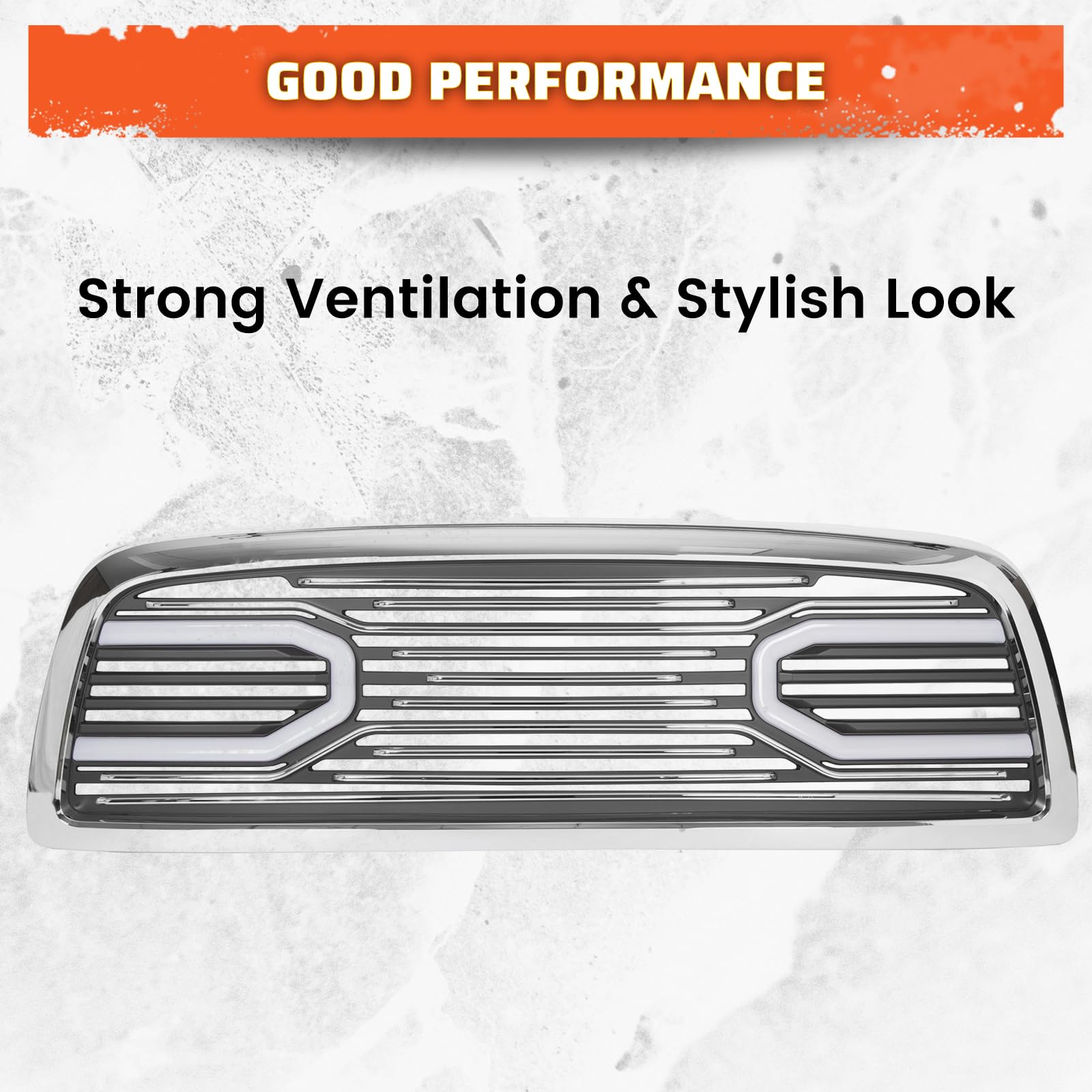 ECOTRIC Chrome Front Bumper Grill with LED Lights for 2009-2012 Dodge Ram 1500 | Hood Grille Replacement Shell | Off-Road & Street Style Upgrade