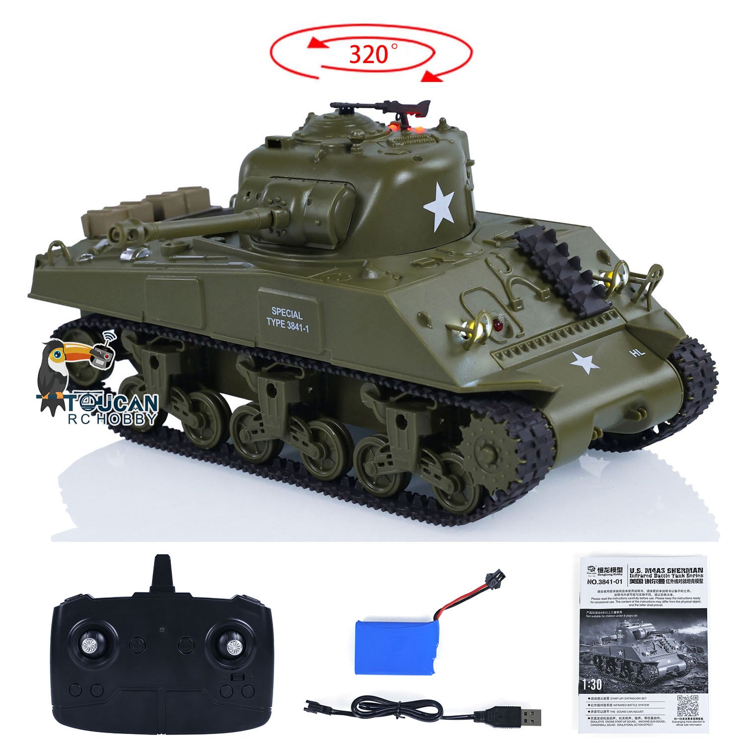 Heng Long 1/30 Scale Plastic RC Battle Tank - Remote Control Panzer Sherman M4A3 3841-01 with 2.4G Infrared Combat System (US Stock) - Perfect for Military Enthusiasts, Collectors & RC Hobbyists