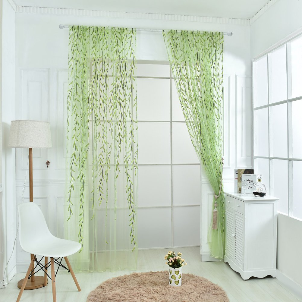 BESPORTBLE Aesthetic Sheer Curtains - Green Willow Leaf Ivy Design, Transparent Window Panels, Waterproof & Breathable Mesh for Living Room, Bedroom, or Office Decor