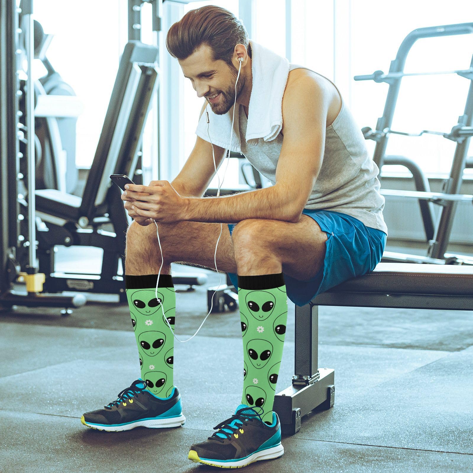 JUNZAN Alien Cartoon Knee High Compression Socks for Men & Kids - Running, Sports & Nurse Socks - One Size Fits Most - Perfect for Workouts, Nursing Shifts & Cosplay