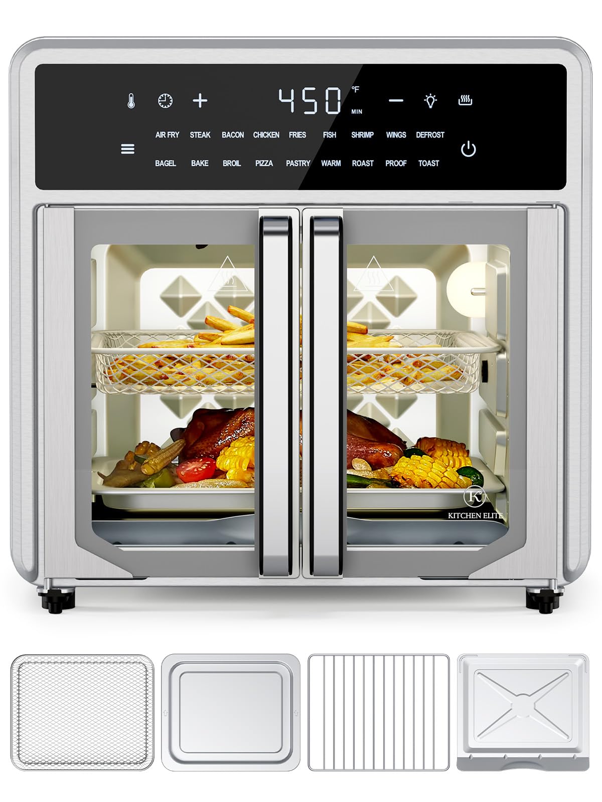 15.8Qt Stainless Steel Air Fryer Toaster Oven Combo - 18 Presets, Preheat & Light Function, Includes Airfryer Basket, Wire Rack, Baking Pan & Crumb Tray - Compact Countertop French Door Design for Small Kitchens, Dorms & Apartments - Perfect for Air Frying, Baking, Toasting & Roasting