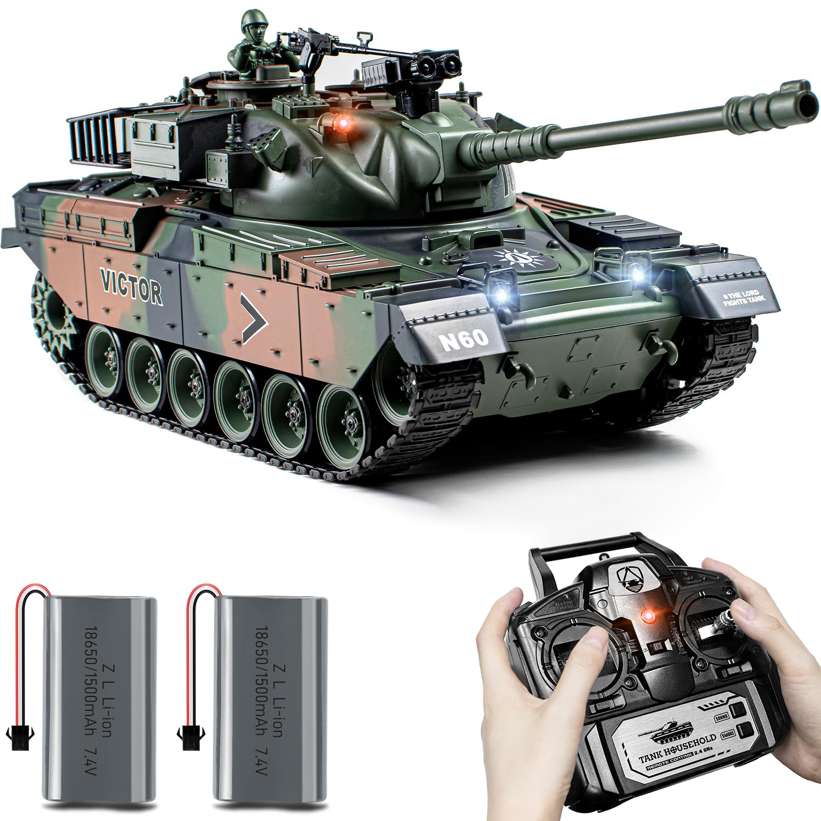 1:18 Scale RC Tank - 2.4Ghz Remote Control M60 Military Tank Toy with Smoke, Light & Sound Effects | 15-Channel Battle Tank with BBS & Water Bomb Launcher | Army Toy for Adults & Kids | Perfect for Outdoor Play, Battle Simulation & Collecting