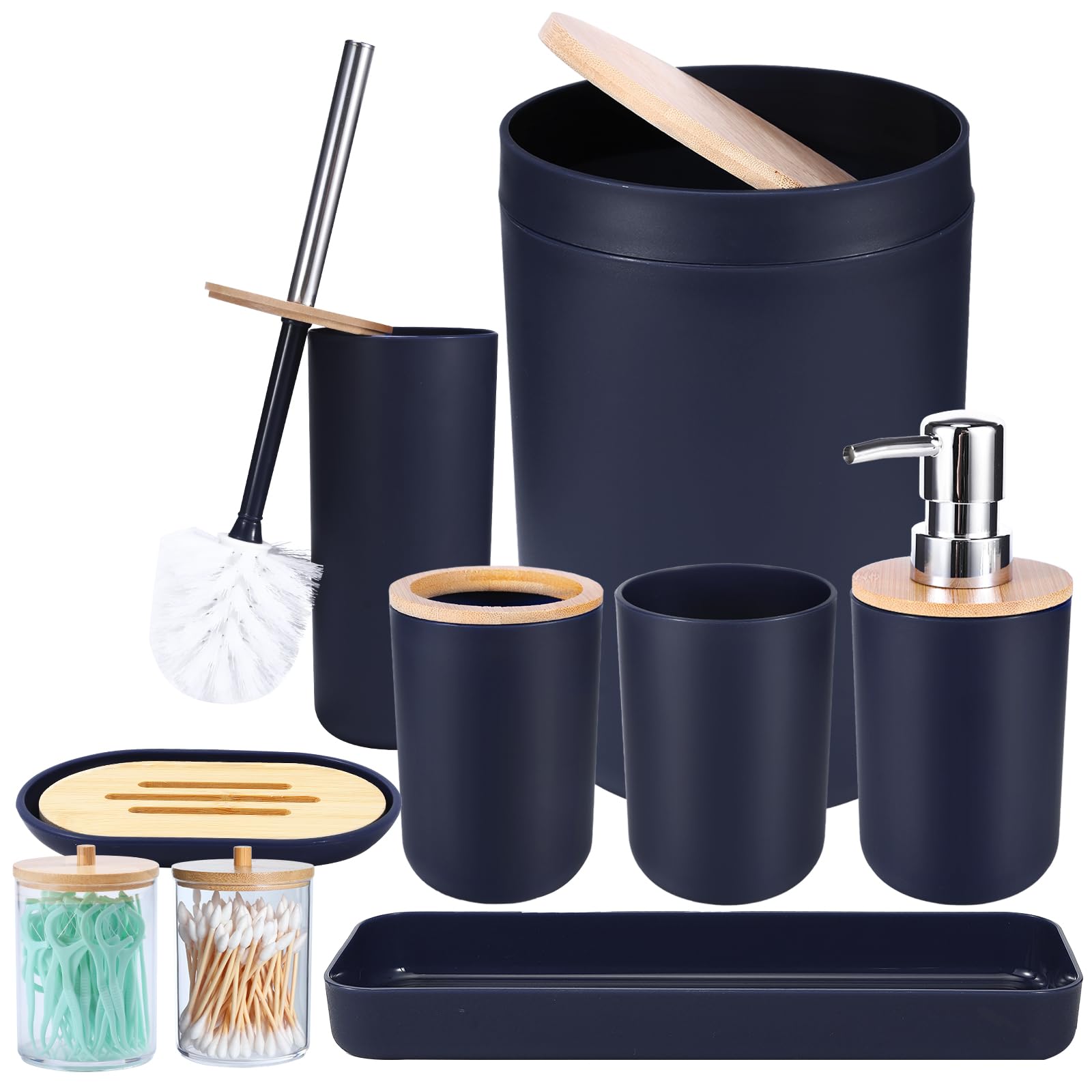 Premium Navy Blue Bathroom Accessories Set - 8-Piece Modern Vanity Decor Kit with Trash Can, Toilet Brush, Toothbrush Holder, Soap Dispenser, Soap Dish, Cup, Tray & Q-Tip Holder for Bathroom Organization & Stylish Home Decor