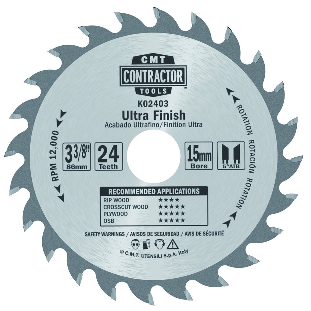 CMT K02403 ITK Contractor Ultra Finish Saw Blade - 3-3/8 Inch x 24 Teeth, 5-Degree ATB with 15mm Bore - Perfect for Woodworking, Cabinetry, and Fine Finish Cuts