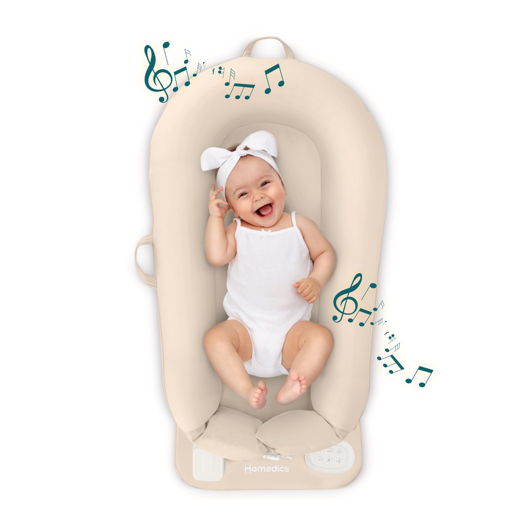 Homedics 3-in-1 Calming Baby Cushion with Soothing Sound & Vibration - Rechargeable & Machine Washable Infant Comfort Pillow for Newborns & Babies - Safe Snuggling Sensation for Nursery, Car Seat & Stroller (Tan)