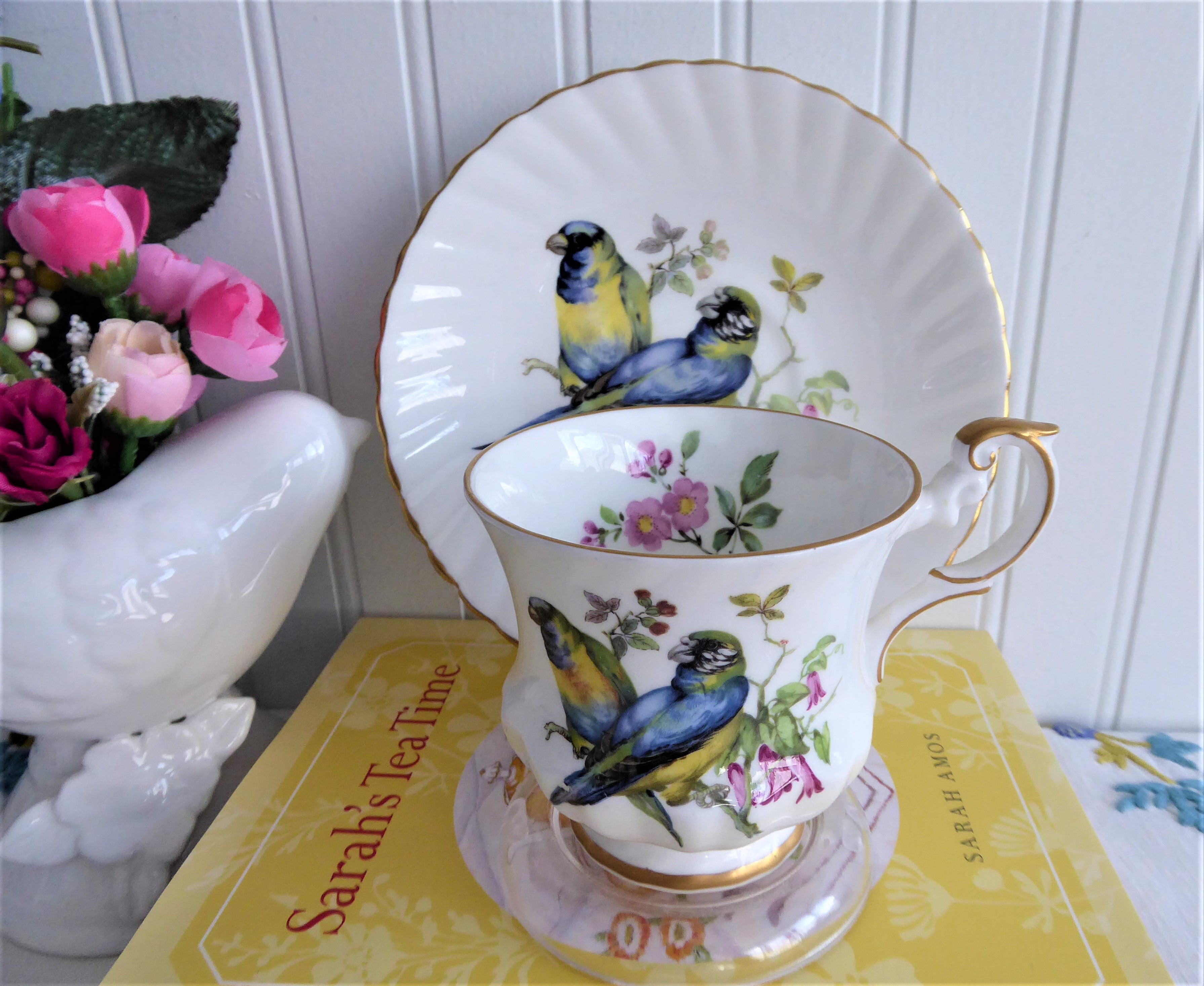 Vintage Rosina Birds Cup and Saucer Set - Blue Winged Parrots Design, 1950s English Bone China - Perfect for Afternoon Tea, Collectibles, and Home Decor