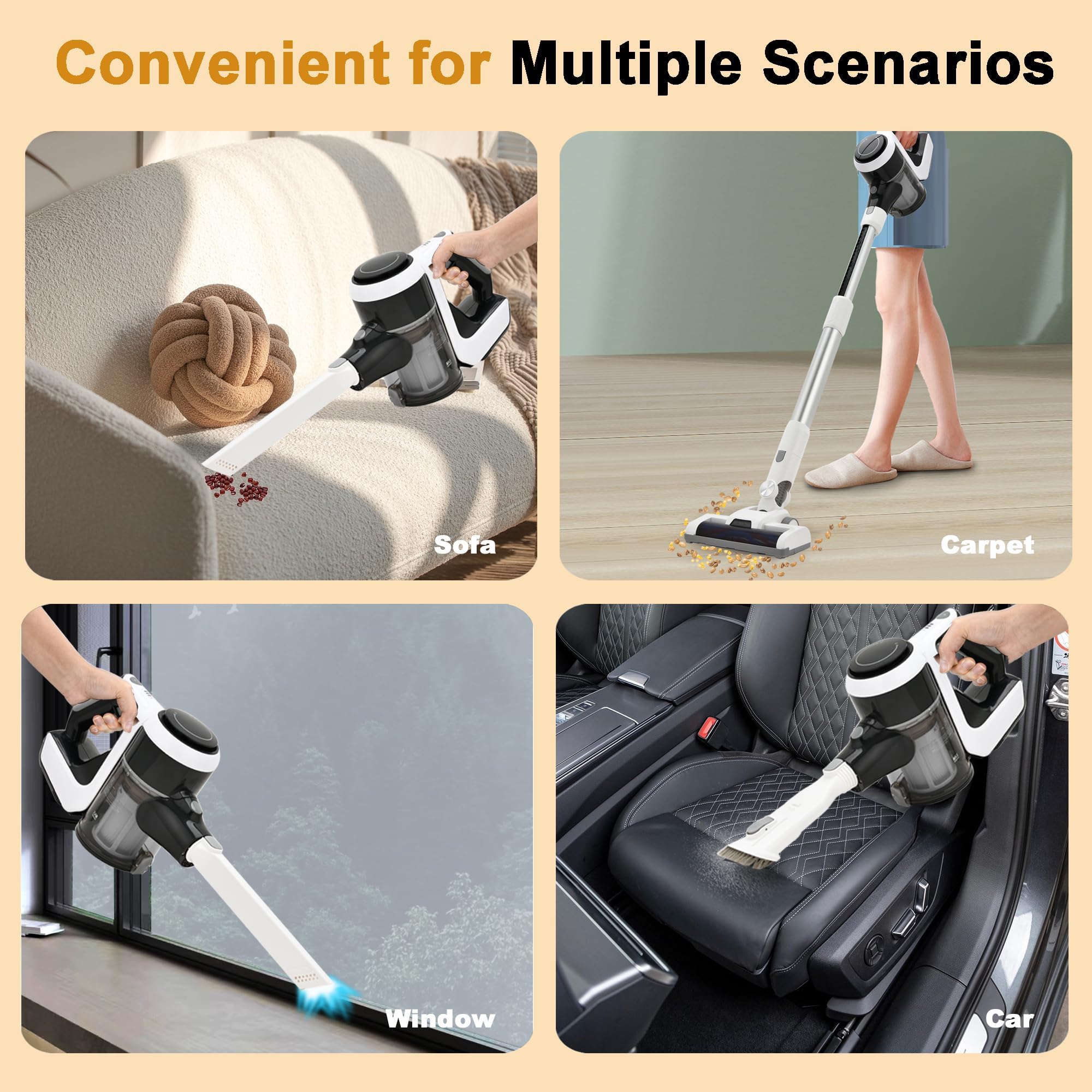 6-in-1 Cordless Vacuum Cleaner with 250W Brushless Motor | Lightweight Stick Vacuum with LED Display | Wireless Rechargeable for Hard Floors & Pet Hair | Perfect for Home Cleaning & Pet Owners (White)
