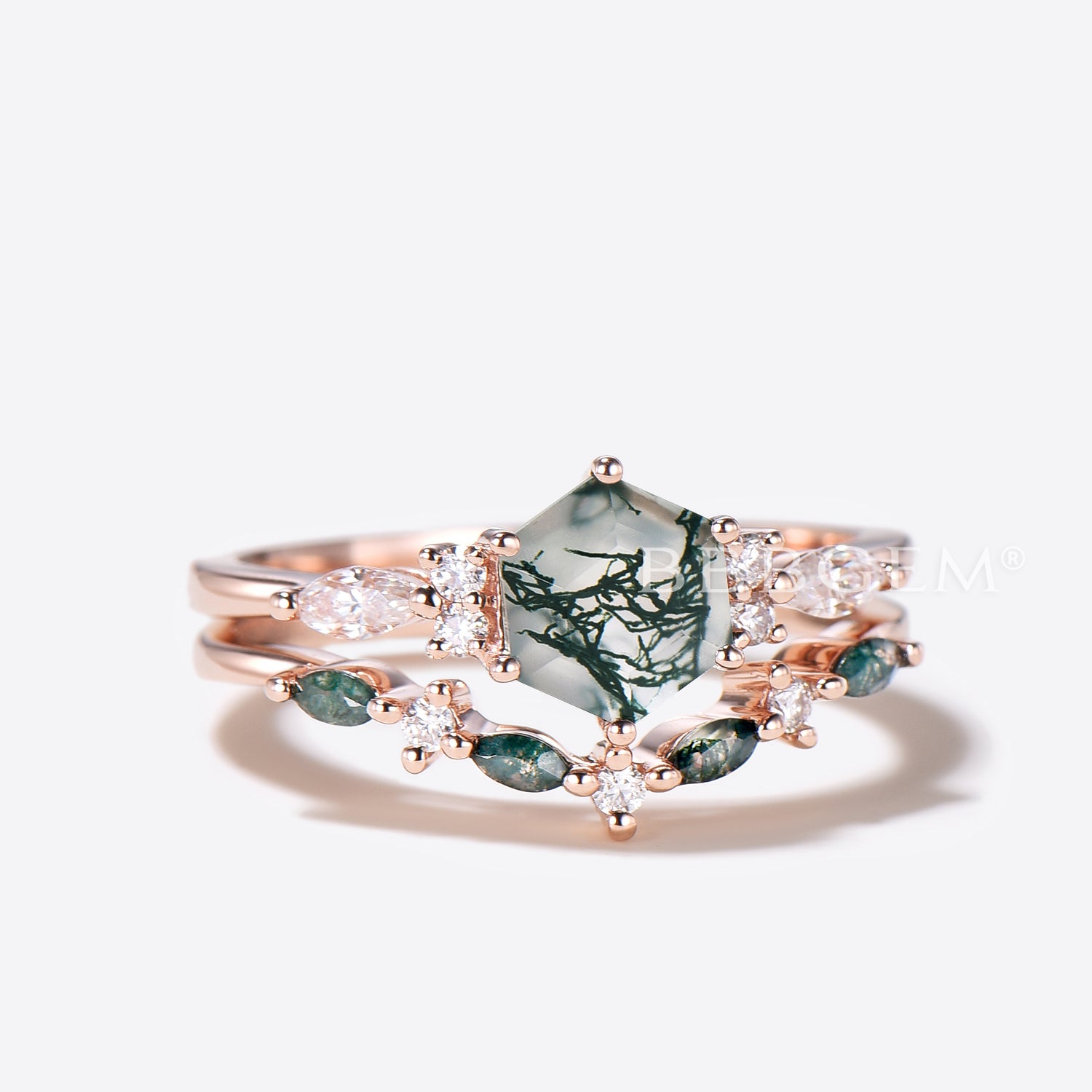 Hexagon Natural Moss Agate Engagement Ring - Vintage Art Deco Style Wedding Band Set for Women - Perfect for Bridal Jewelry, Anniversary Gifts & Proposal