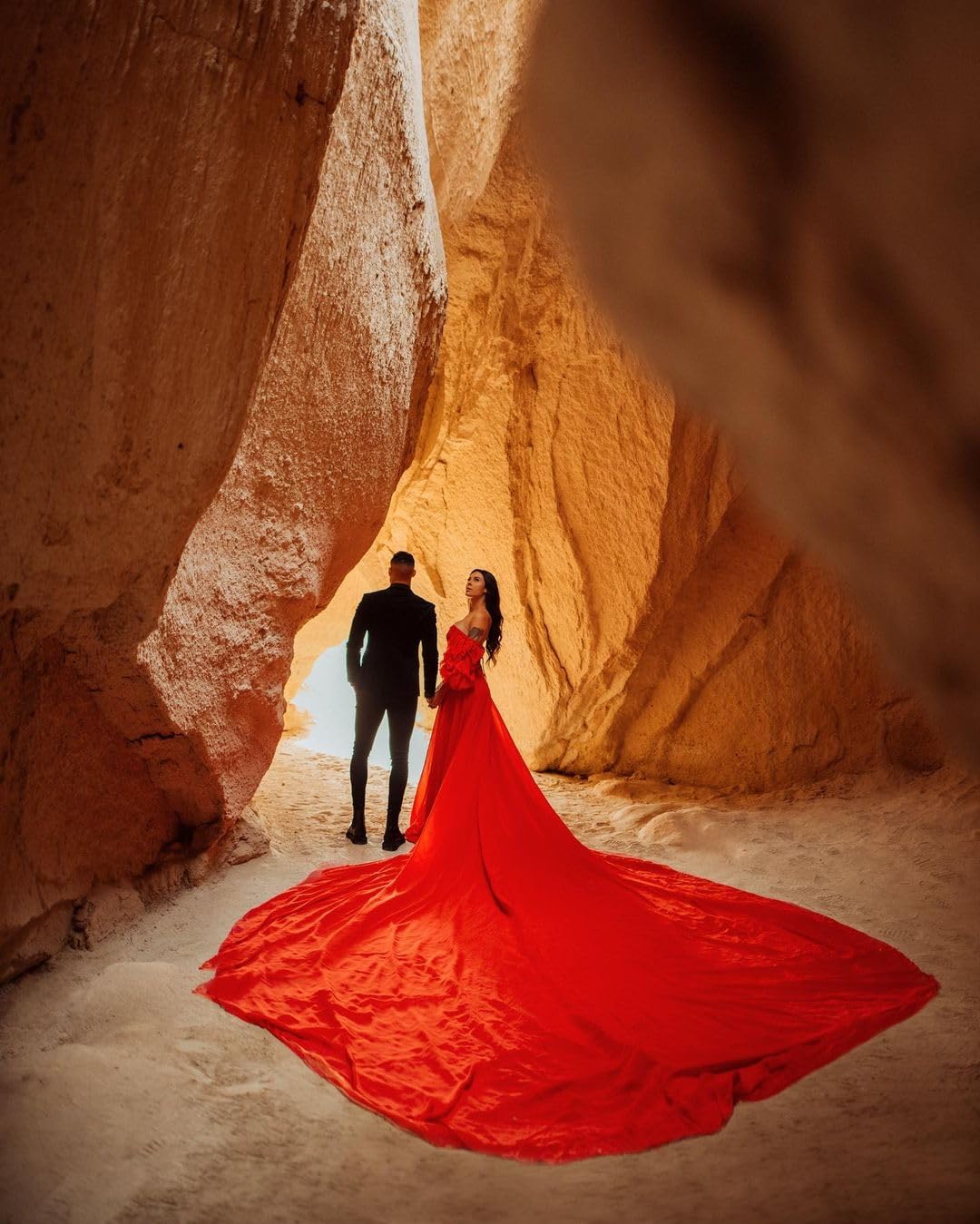 Elegant Corset Sleeve Long Flying Dress for Photoshoots - Flowy Satin Gown with Train for Destination Weddings, Santorini Vacations & Beach Photoshoots
