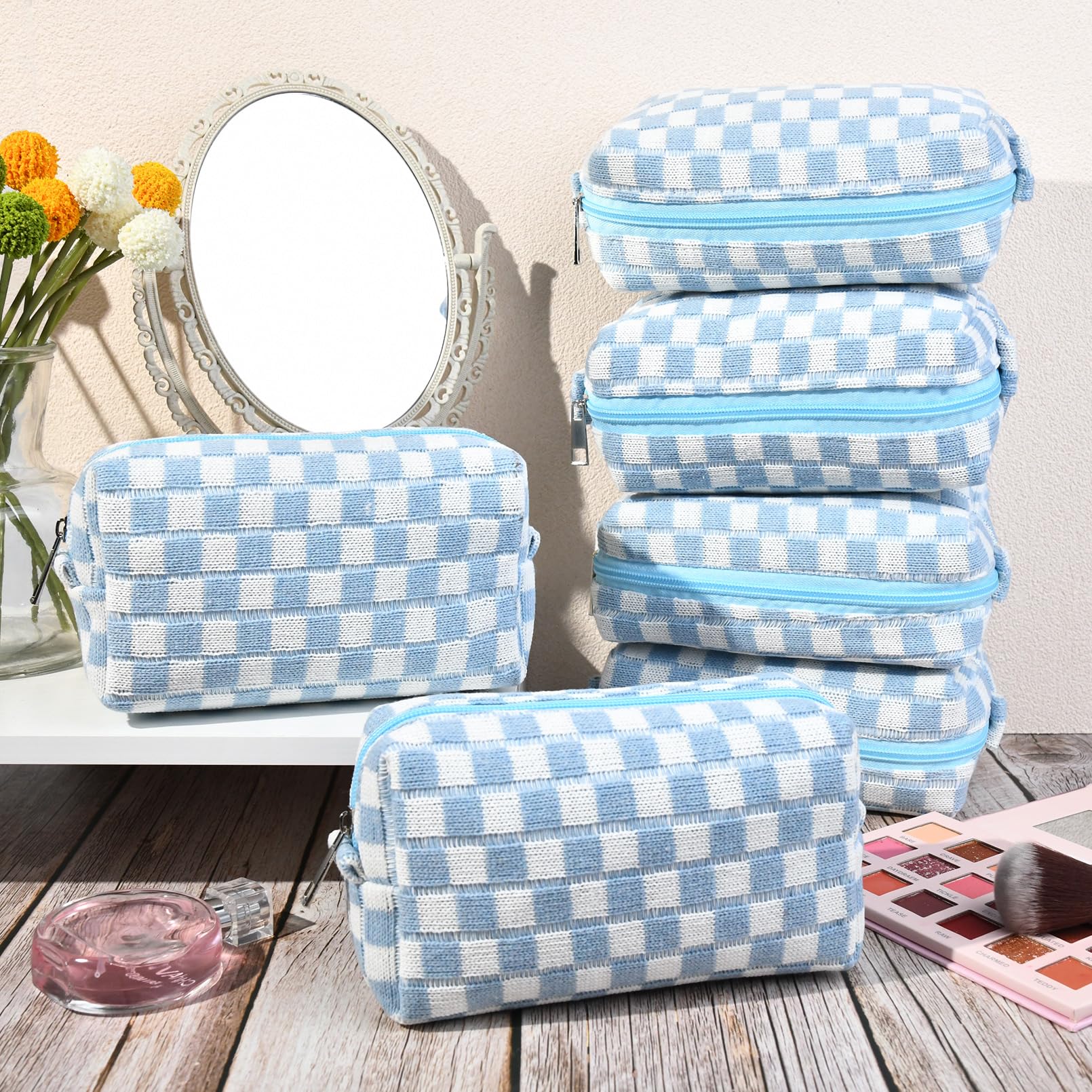 Preppy Checkered Makeup Bag - Blue Cosmetic Pouch for Women | Personalized Travel Toiletry Organizer | Cute DIY Makeup Brushes Storage | Bulk Wholesale | Perfect for Travel, Gym & Daily Beauty Routine