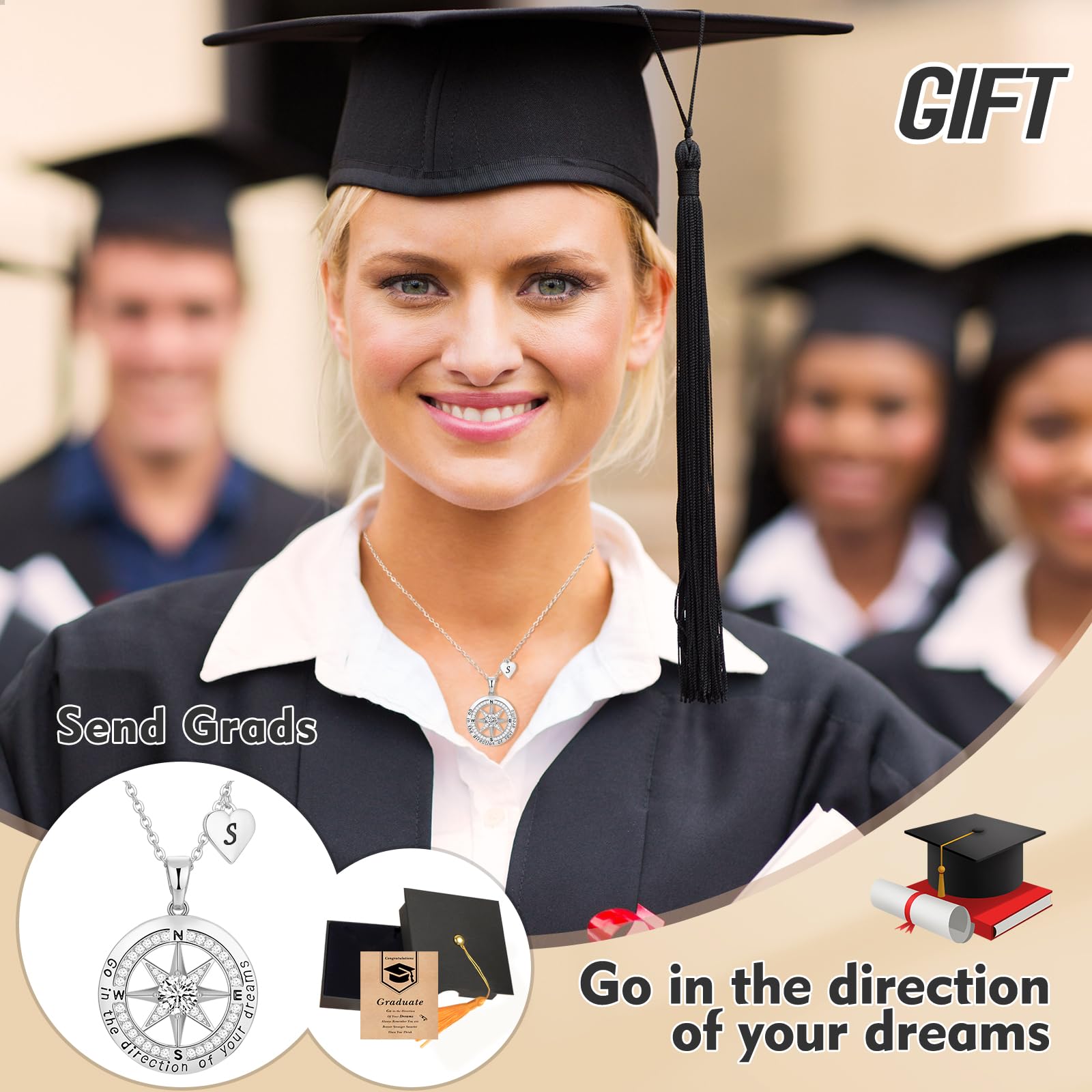 2024 Graduation Gifts for Women - Personalized A-Z Compass Necklace for Sister, Daughter, Friend | Thoughtful High School & College Graduation Jewelry Gift | Perfect for Commencement Ceremonies & Celebrations