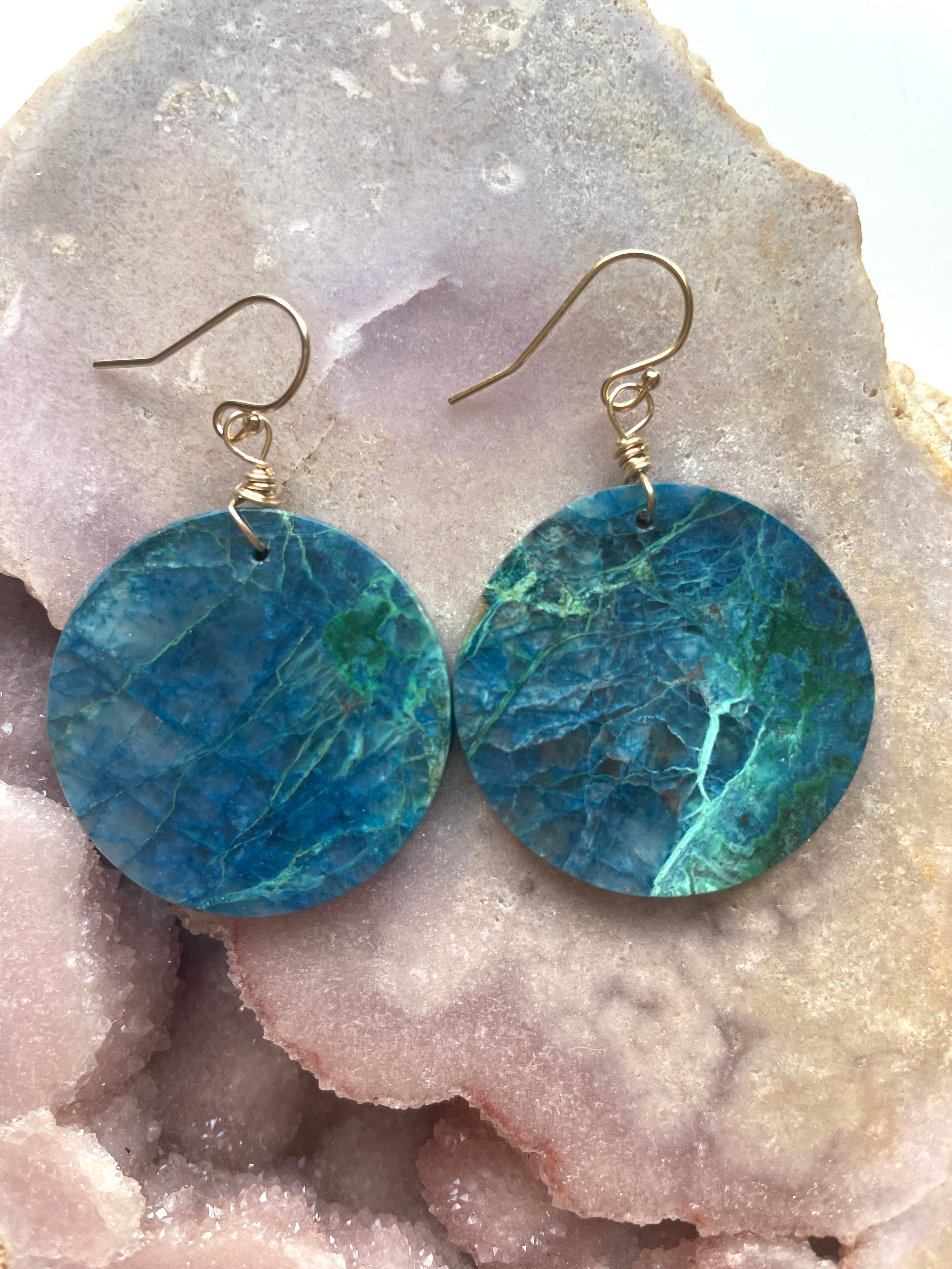 Chrysocolla Gold Filled Statement Crystal Gemstone Earrings for Women | Elegant Dangle Drop Earrings for Party, Wedding & Special Occasions