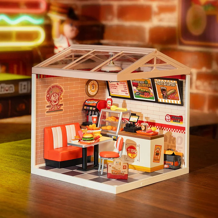 Rolife Yum Yum Burgers DIY Plastic Miniature House Kit - Creative Mini Burger Shop Model for Home Decor, Gift & Collectibles | Perfect for Craft Lovers, Miniature Enthusiasts & Room Decoration