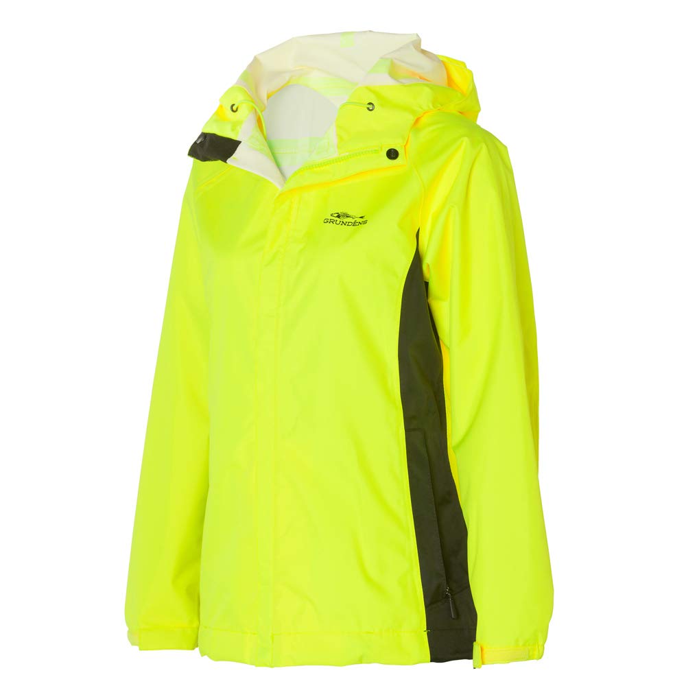 Grundens Women's Waterproof Fishing Jacket with Hood - Hi-Vis Yellow, Stain-Resistant Raincoat for Outdoor Activities | Perfect for Fishing, Hiking & Stormy Weather (Size Large)