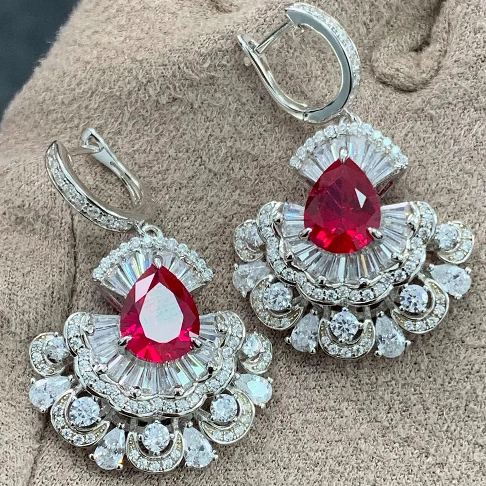 925 Sterling Silver Pear Cut Ruby & Lab Sapphire Drop Dangle Earrings for Women - Anniversary Gift, Fine Jewelry for Parties, Weddings & Special Occasions