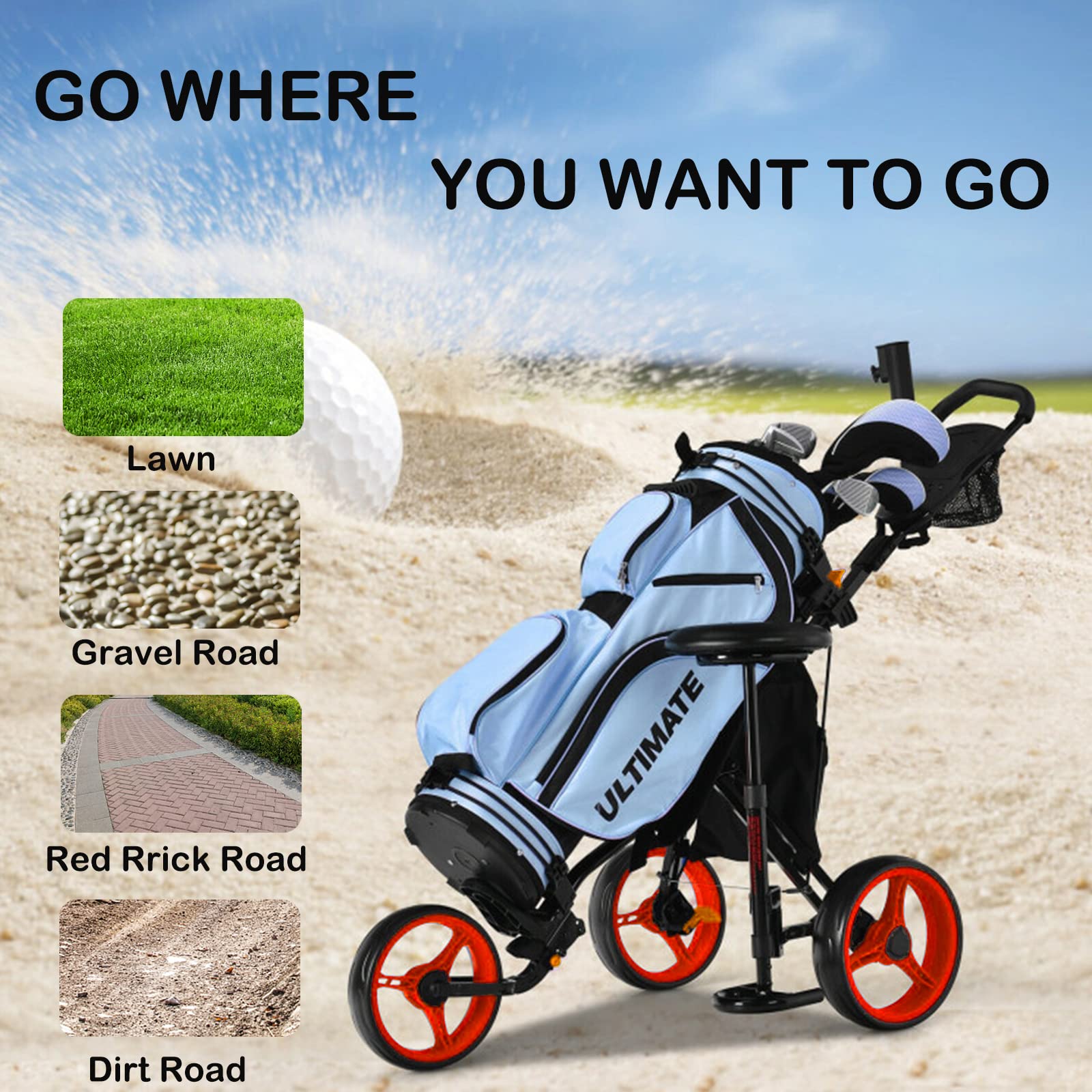 Best 3 Wheel Folding Golf Push Cart - Lightweight Collapsible Golf Trolley with Seat, Foot Brake & Umbrella Holder - Adjustable 4-Position Handle for Golf Clubs - Perfect for Golf Course, Driving Range & Outdoor Practice