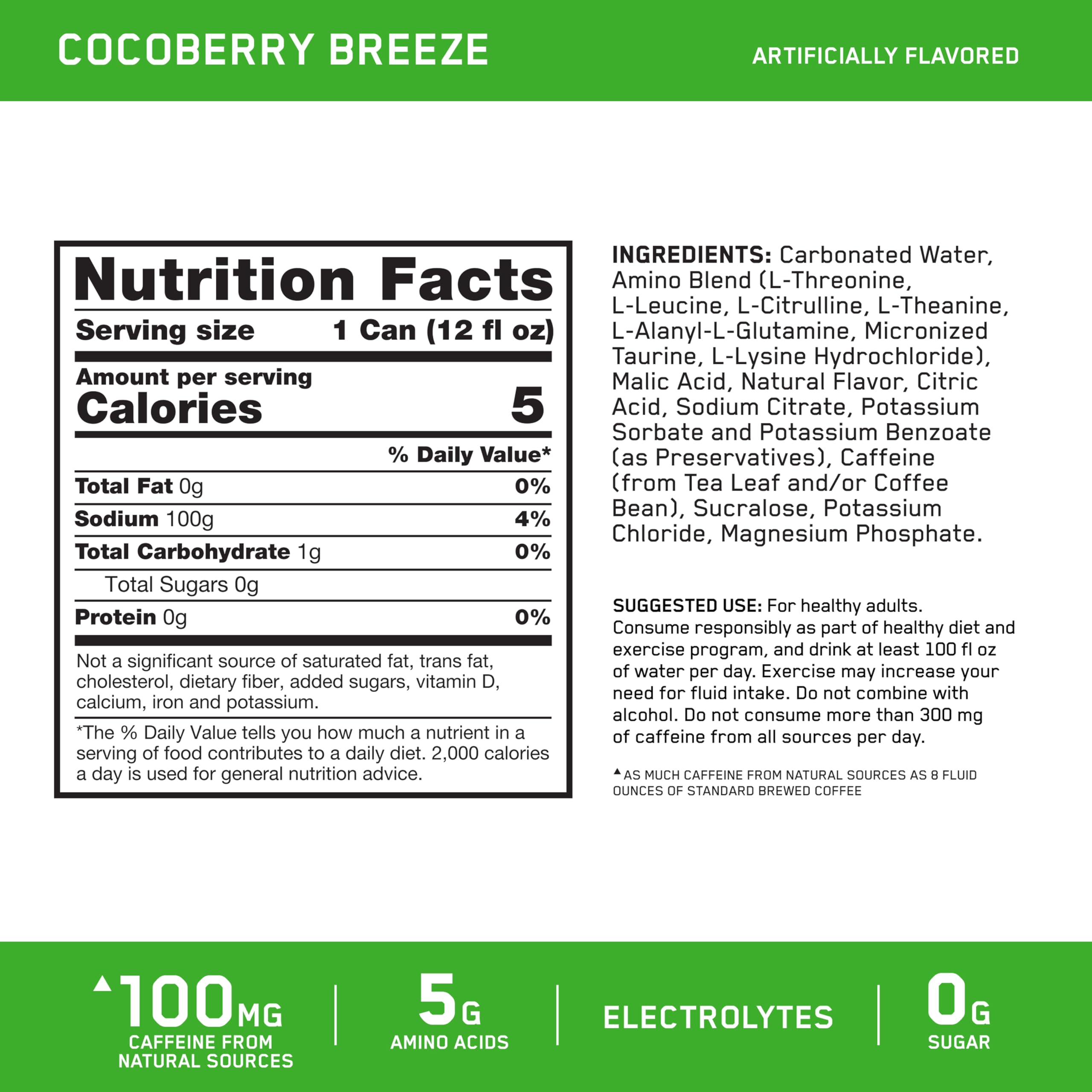 Optimum Nutrition Amino Energy Sparkling Hydration Drink with Electrolytes, Caffeine & BCAAs - Sugar Free Cocoberry Breeze Flavor - 12 Fl Oz Cans (12 Pack) - Perfect for Post-Workout Recovery, Energy Boost & Daily Hydration
