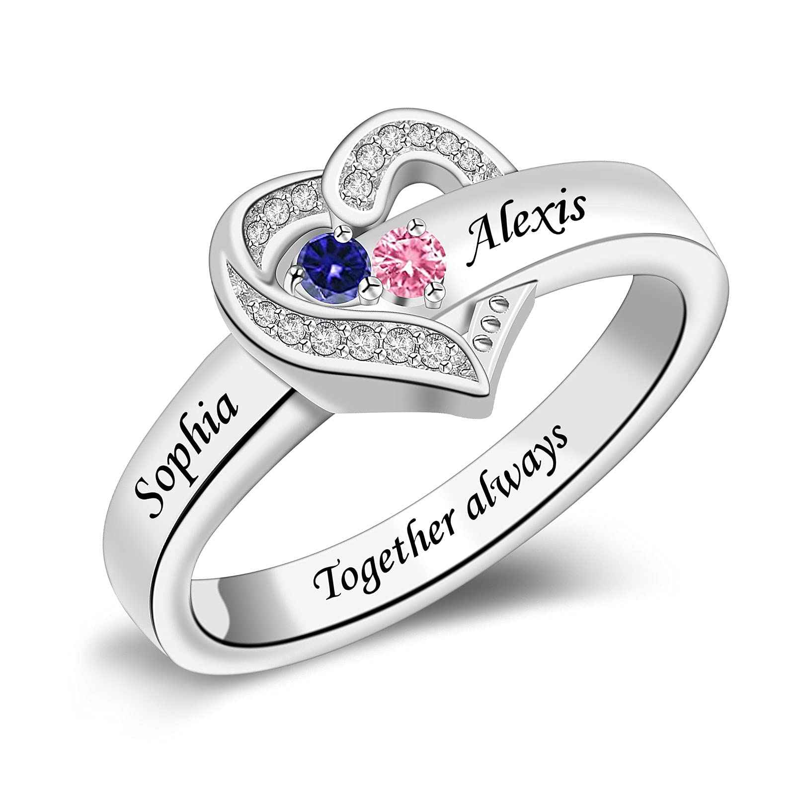 MissNaNa Personalized Mother's Rings with Simulated Birthstones - Custom Engraved 1-8 Family Names - Heart Shaped Mother's Day Jewelry Gifts for Women - Perfect for Anniversaries, Birthdays & Special Occasions