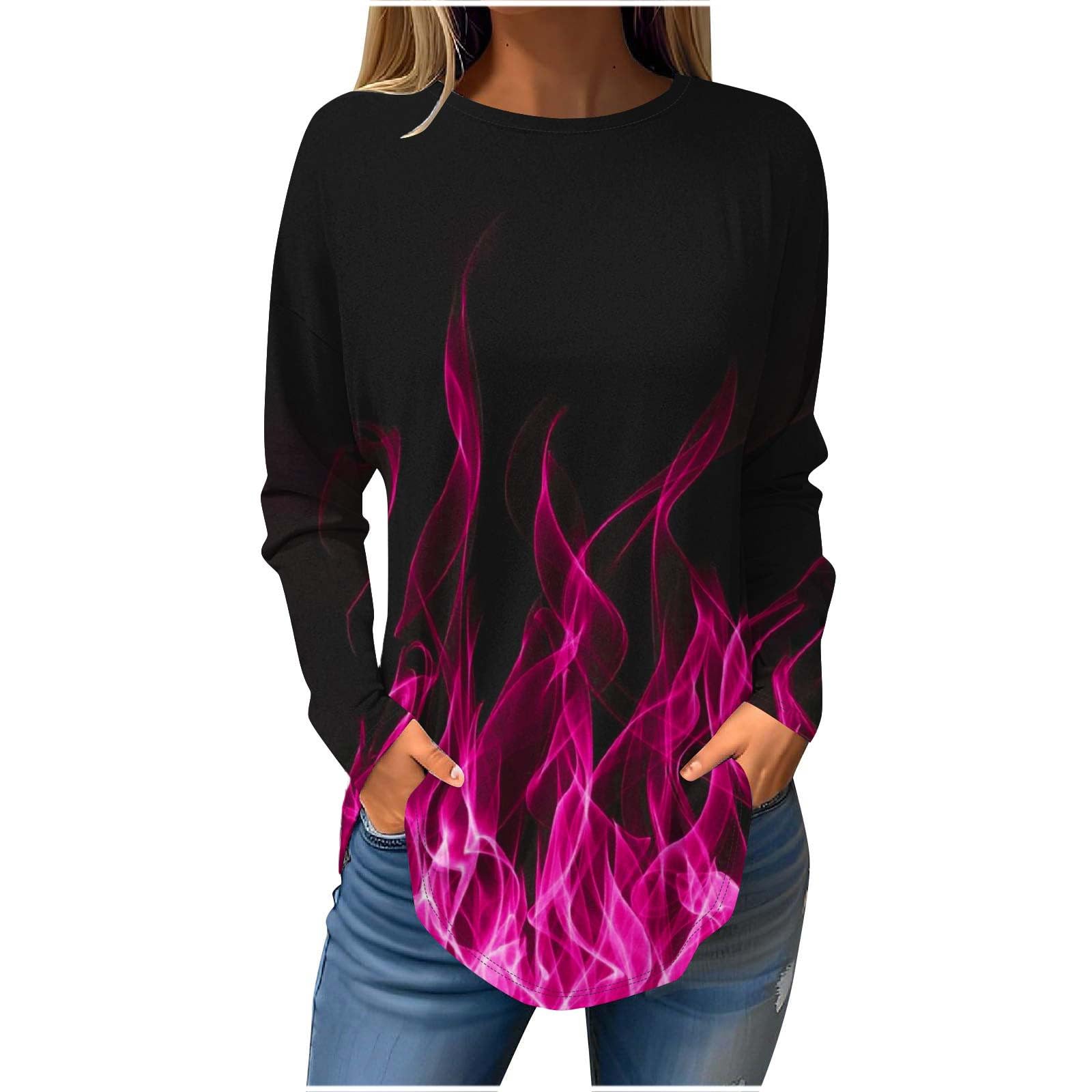 Women's Long Sleeve Crewneck Pullover Tops - Trendy Fire Print Graphic Tees, Casual Loose Blouse for Everyday Wear, Street Style & Fall Layering