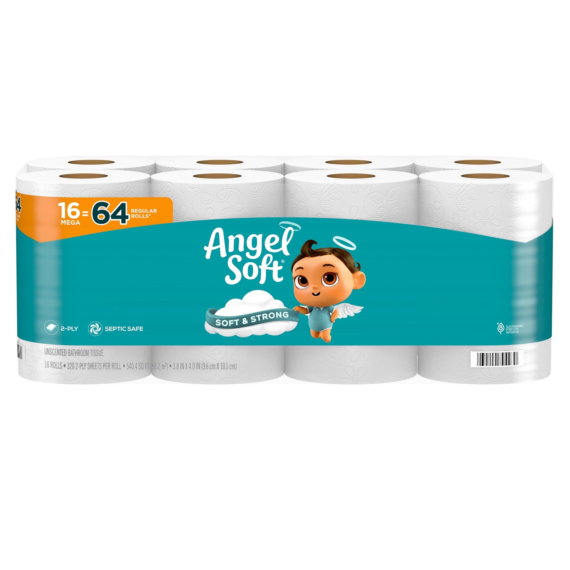Angel Soft Toilet Paper 16 Mega Rolls (64 Regular Rolls) | Ultra Soft & Strong Bath Tissue for Home, Office & RV Use | Septic Safe & Gentle for Sensitive Skin