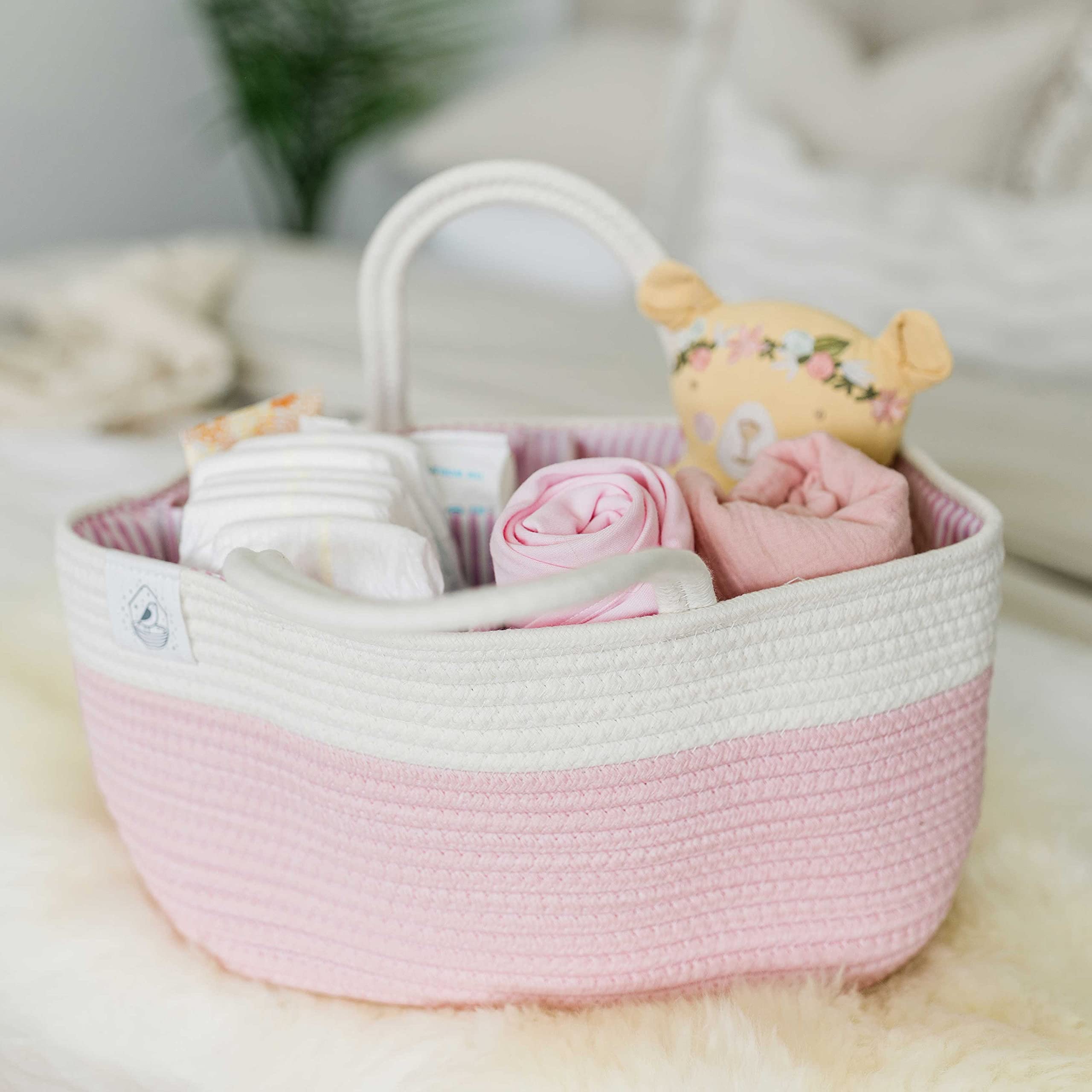 OrganiHaus Rope Diaper Caddy Basket - Baby Changing Station Organizer with Dividers & Handles | Nursery Storage Solution | Perfect Baby Shower Gift for Newborns | Pink Changing Table Basket for Diapers, Wipes & Essentials