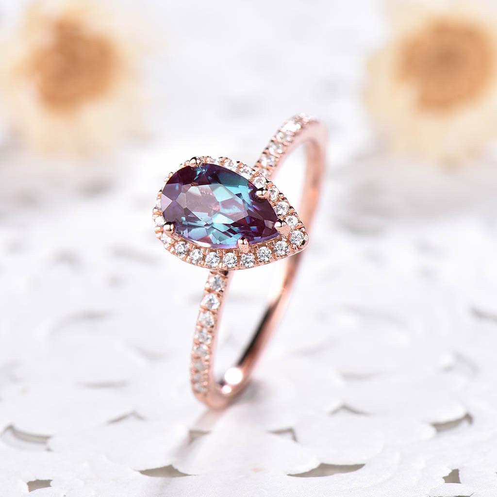 5x8mm Pear Shaped Alexandrite Halo Diamond Engagement Ring for Women - Perfect for Proposals, Anniversaries & Special Occasions