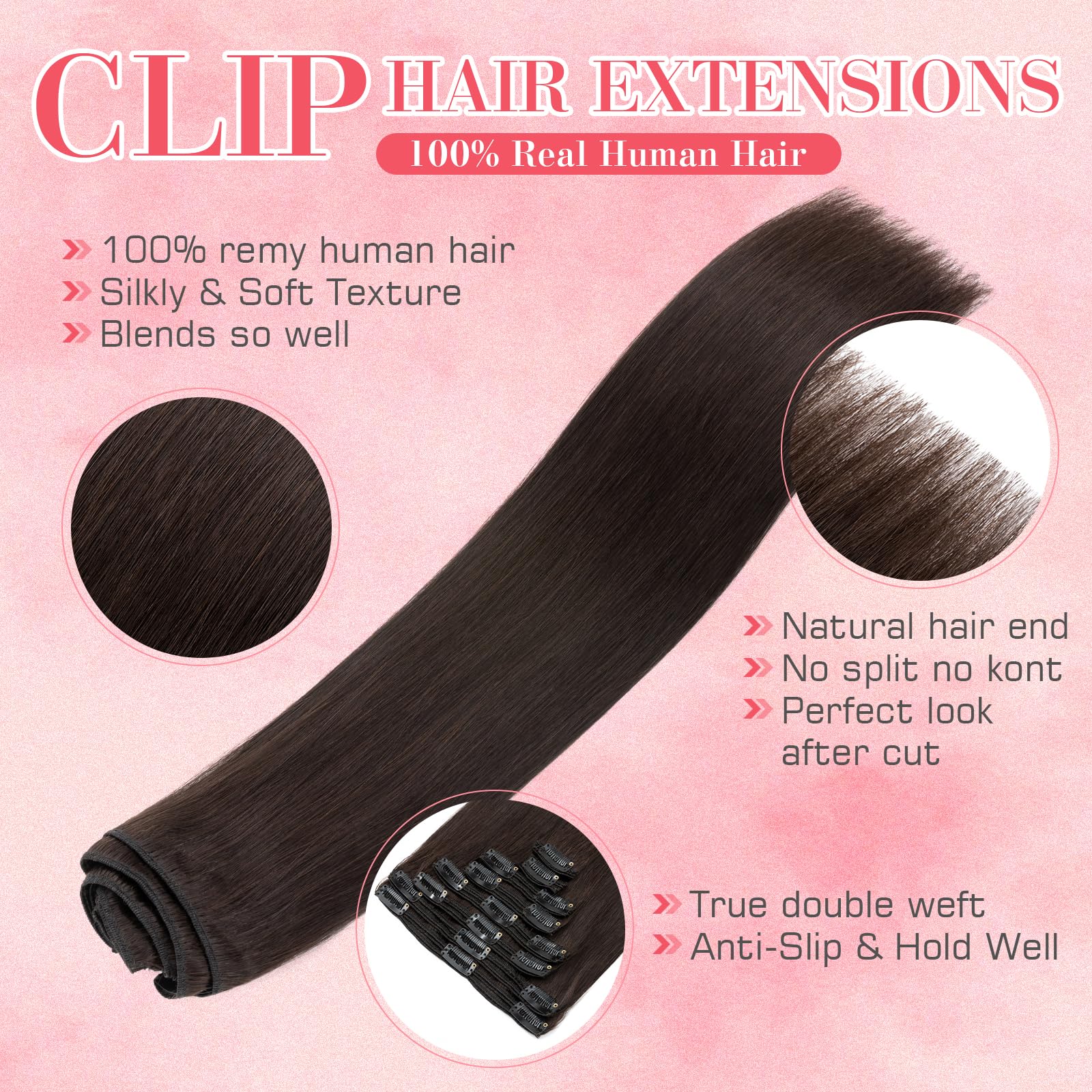 S-noilite Clip in Hair Extensions 22 Inch Dark Brown - 100% Remy Human Hair, Double Weft, 8PCS (160g) #2 - Natural Straight Hair Extensions for Women | Perfect for Volume Boost, Length Extension & Special Occasions