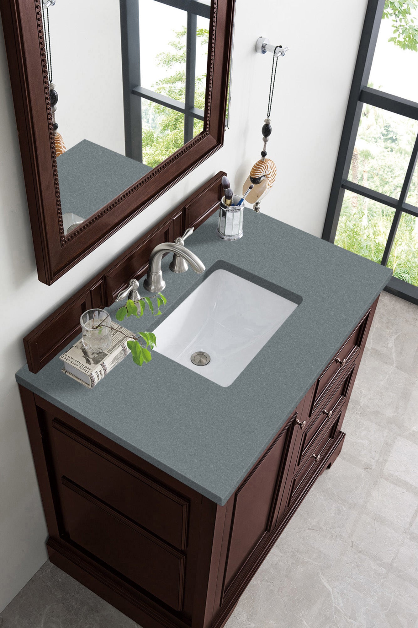 De Soto 36 Inch Single Bathroom Vanity with Burnished Mahogany Finish & 3CM Cala Blue Quartz Countertop - Perfect for Modern Master Bathrooms and Powder Rooms