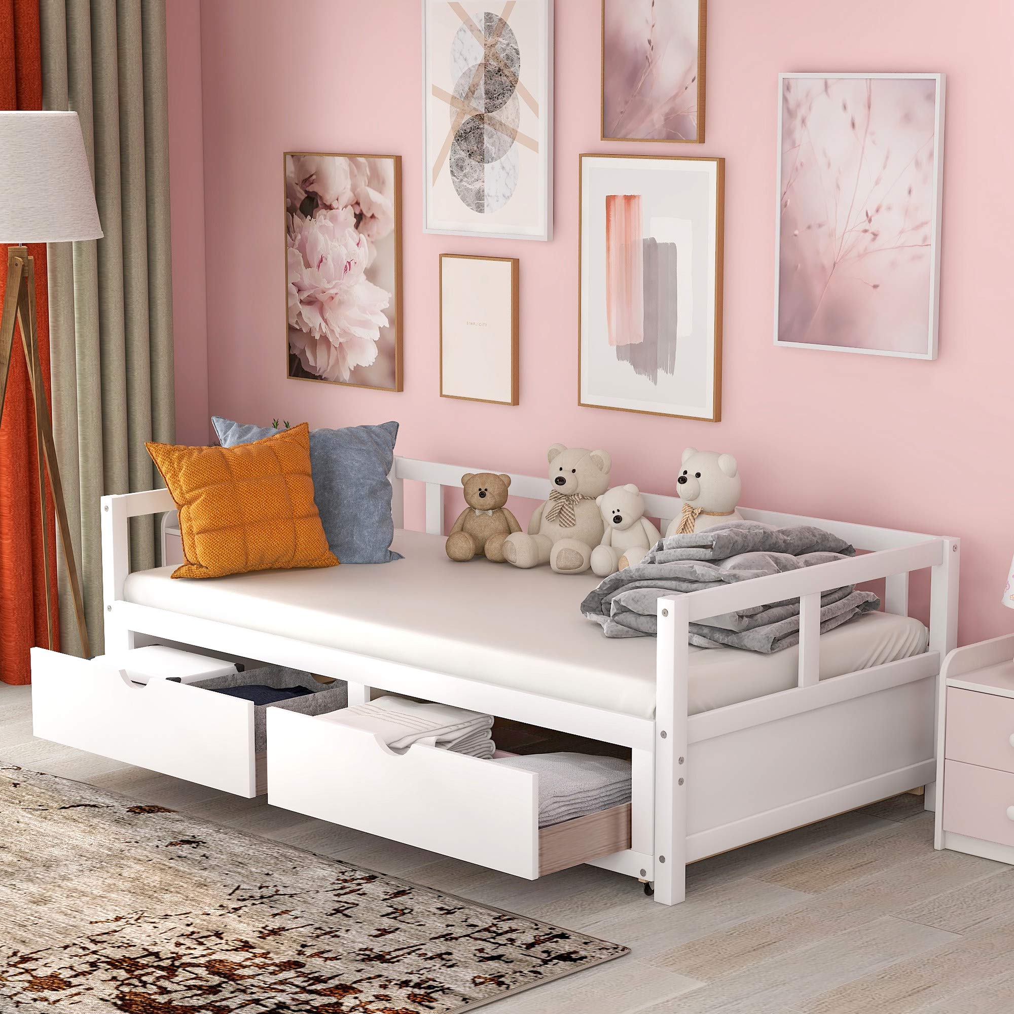 Merax White Wooden Daybed with Trundle & 2 Storage Drawers - Convertible Sofa Bed for Small Spaces, Guest Room & Living Room - Space-Saving Multi-Functional Furniture for Apartments, Dorms & Home Office
