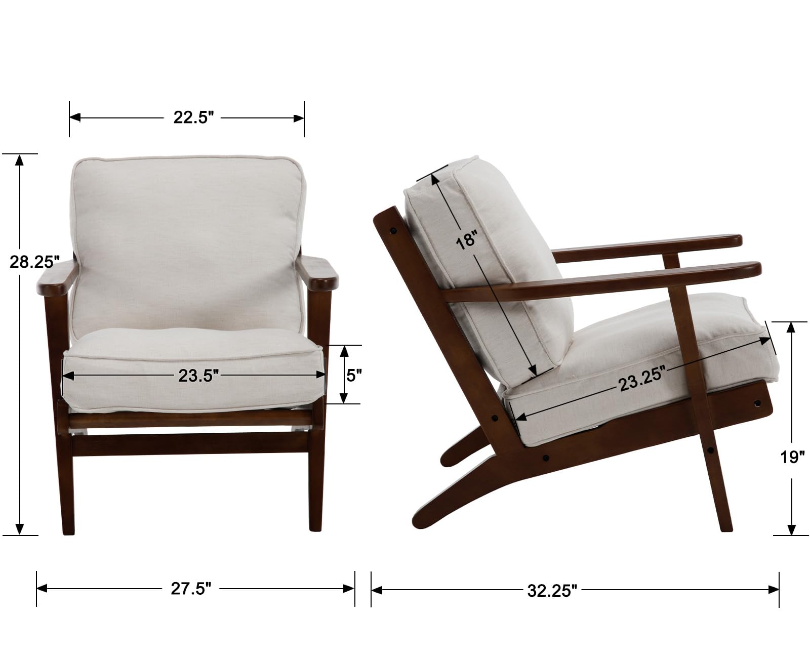 Mid-Century Modern Accent Chairs Set of 2 - Linen Upholstered Living Room Armchairs with Solid Wood Frame (Beige) - Perfect for Bedroom, Reading Nook & Lounge Relaxation