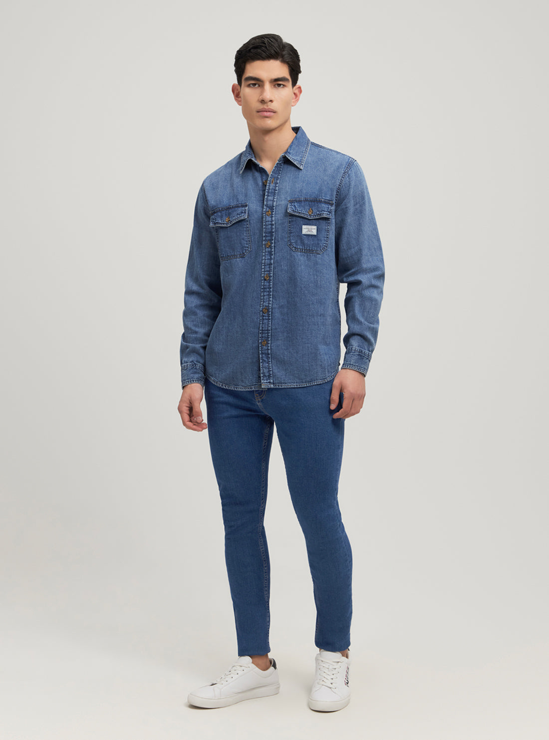 Guess Women's Regular Fit Denim Shirt - Classic Blue Washed Cotton Button-Up Top for Casual Wear & Layering