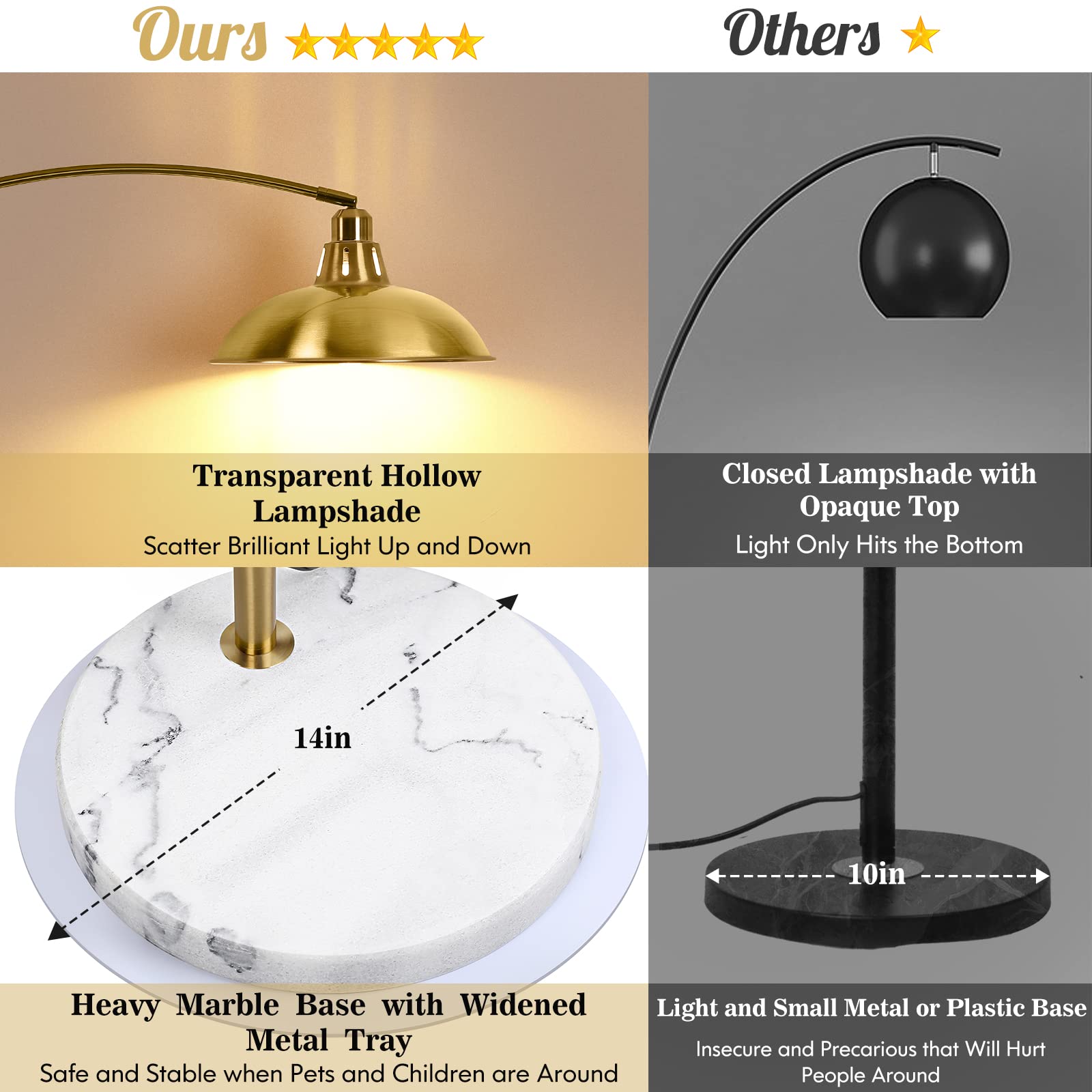 Gold Brass Arc Floor Lamp - Mid Century Modern Standing Lamp with White Marble Base | Overhanging Arch Design for Living Room, Bedroom & Study | Adjustable Reading Light & Ambient Lighting