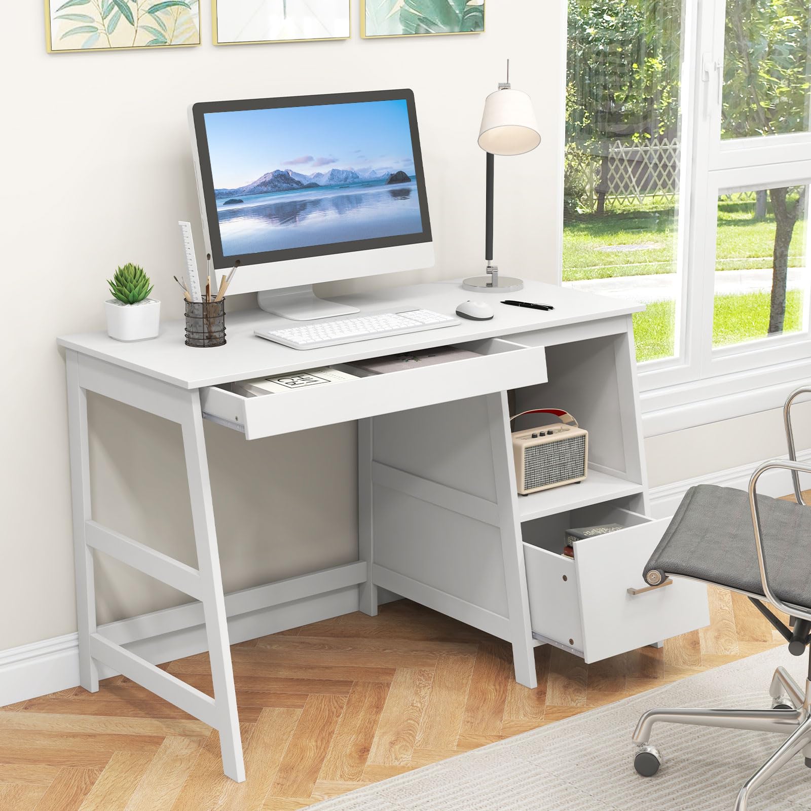 Tangkula White Modern Study Desk with Drawers - Small Computer Desk for Home Office, Writing Desk with Storage Space, Student Desk & Makeup Vanity Table for Bedroom - Perfect for Remote Work, Online Classes & Beauty Routines (White)
