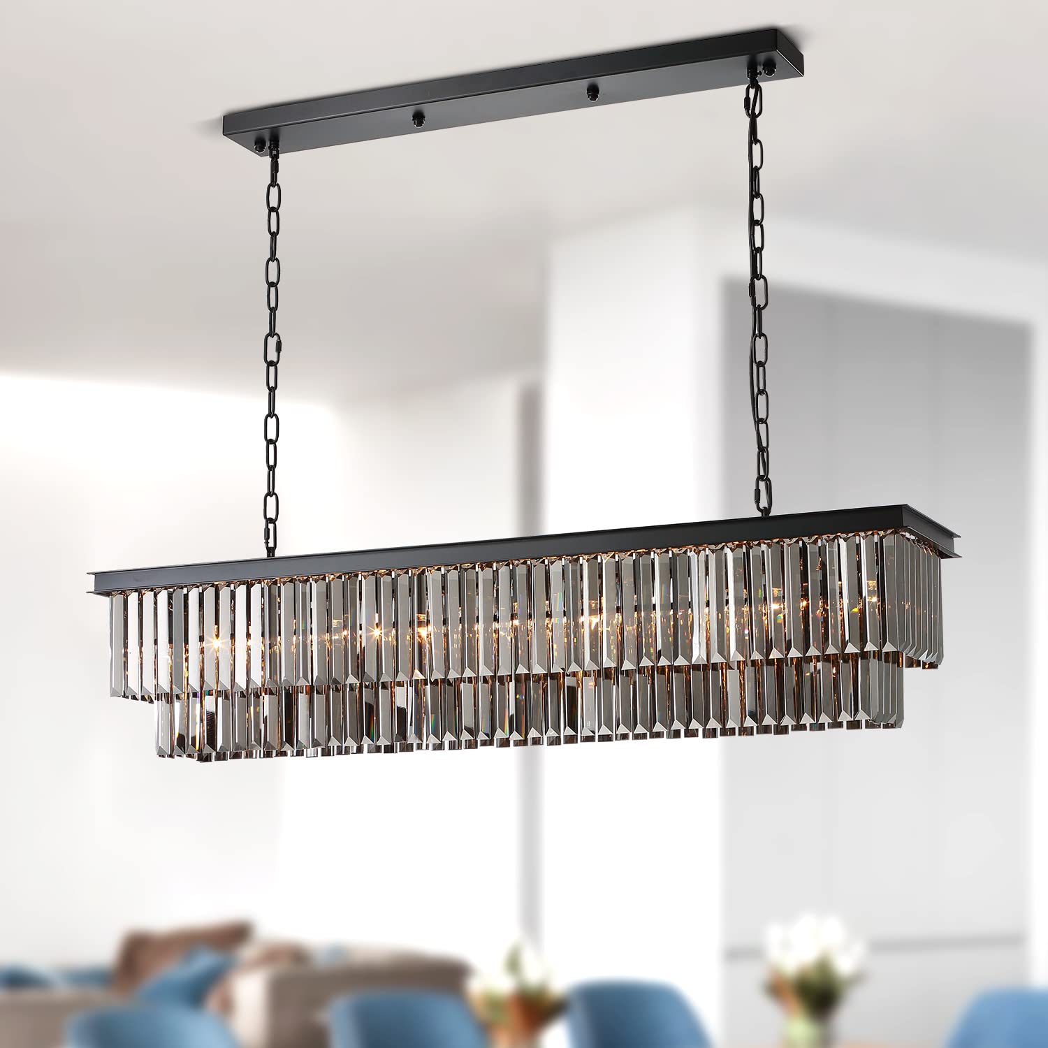 Siljoy L47 Modern Crystal Chandelier - 8-Light Rectangular Kitchen Island Pendant Light with Black Metal Frame & Smoky Gray Crystals - Perfect for Dining Room, Kitchen Island, Foyer Lighting - Elegant Ceiling Fixture for Home Decor