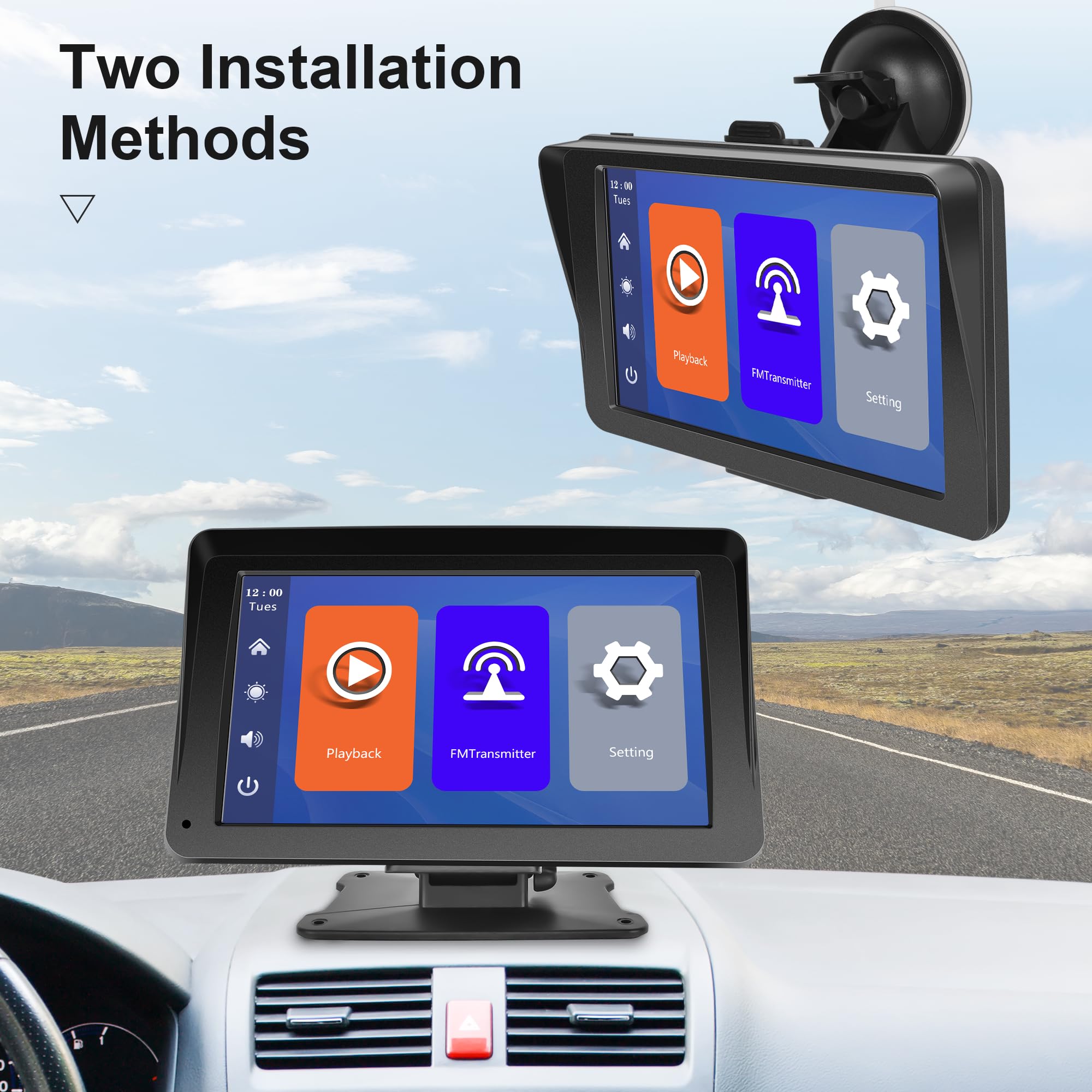 Rimoody 7 Inch Portable Car Stereo with Wireless Apple CarPlay & Android Auto - Touchscreen Bluetooth FM Transmitter, Mirror Link, Dash Mount | Perfect for Road Trips, Commuting & Hands-Free Driving