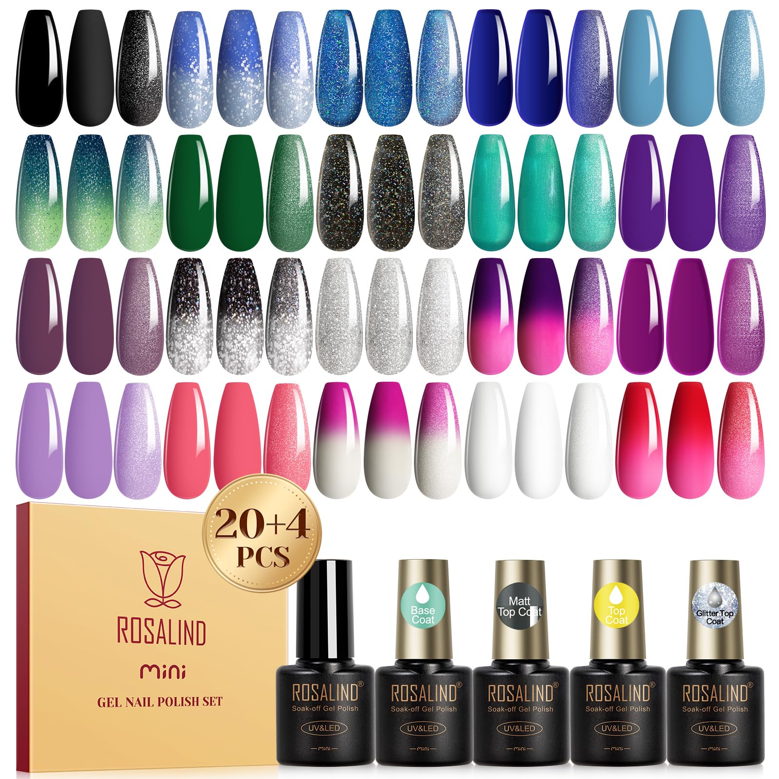 24PCS ROSALIND Semi-Permanent UV Gel Nail Polish Set - 20 Chameleon Colors, Base & Top Coat, Matte & Glitter Top Coat - Black, Blue, Green, Purple Temperature Changing Nail Polish for Home & Salon Manicures