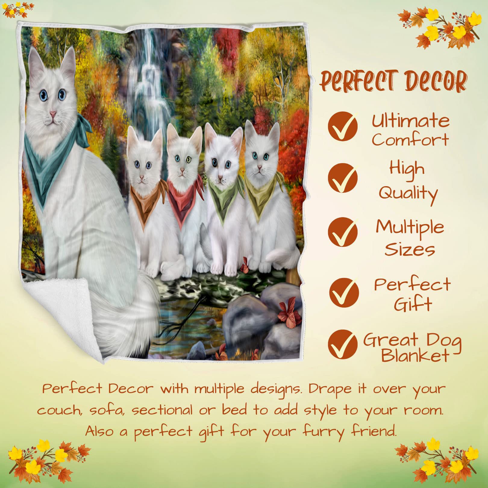 Turkish Angora Cat Waterfall Blanket - Lightweight Soft Cozy Woven Throw for Sofa, Couch & Bed - Durable Animal Theme Fuzzy Blanket 50x60 Inches - Perfect for Home Decor, Gift Giving & Pet Lovers