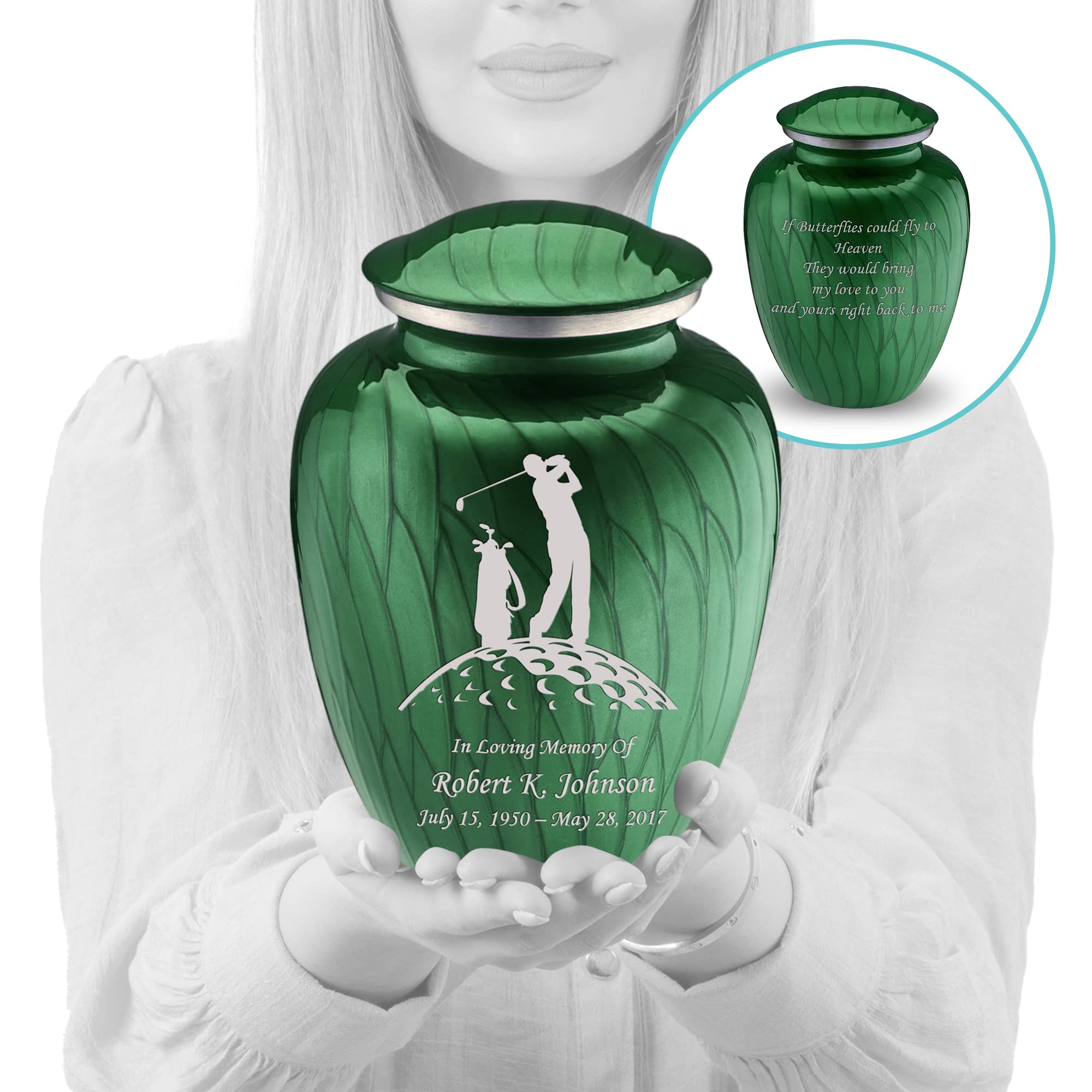 Personalized Golf Cremation Urn for Ashes - Large Pearl Green Funeral Urn for Men & Women with Double-Side Engraving (Holds 200 lbs) - Perfect for Memorials, Golf Enthusiasts & Funeral Services