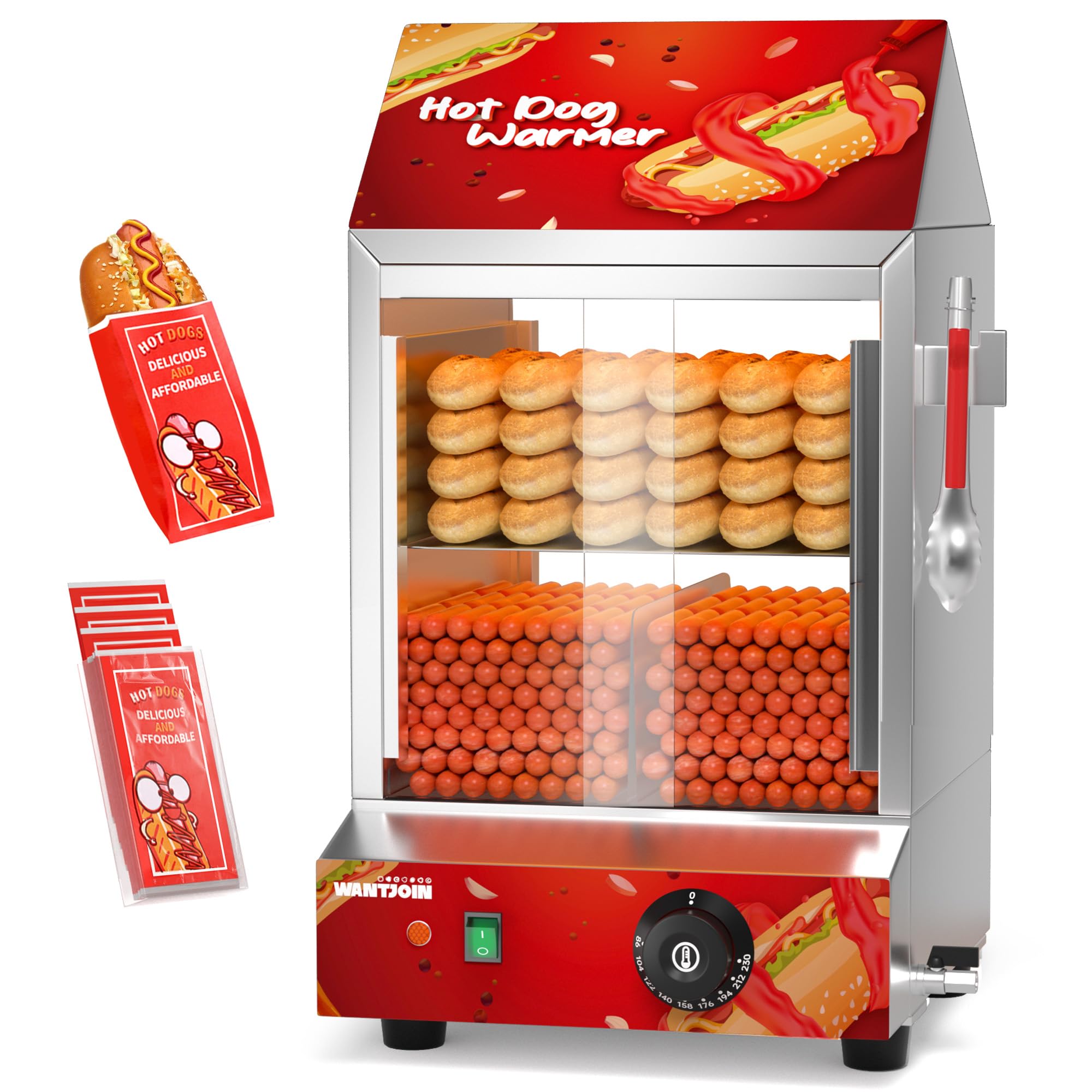 WantJoin 2-Tier Commercial Electric Hot Dog Steamer with Bun Warmer - 27L/24.52QT Capacity, 1200W, Glass Slide Doors & Clip - Holds 175 Hot Dogs & 40 Buns - Perfect for Restaurants, Food Trucks, and Catering Events