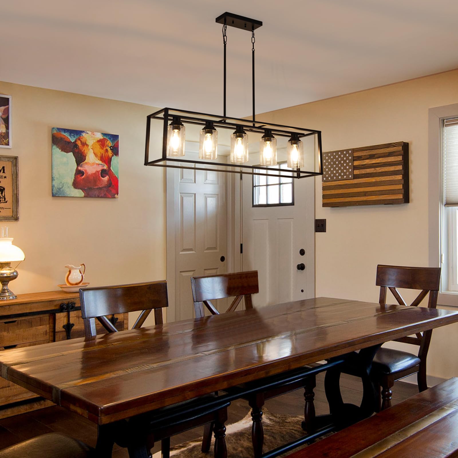 Black Farmhouse 5-Light Chandelier with Clear Glass - Kitchen Island Lighting & Dining Room Ceiling Fixture - Perfect for Farmhouse, Rustic, and Modern Dining Areas