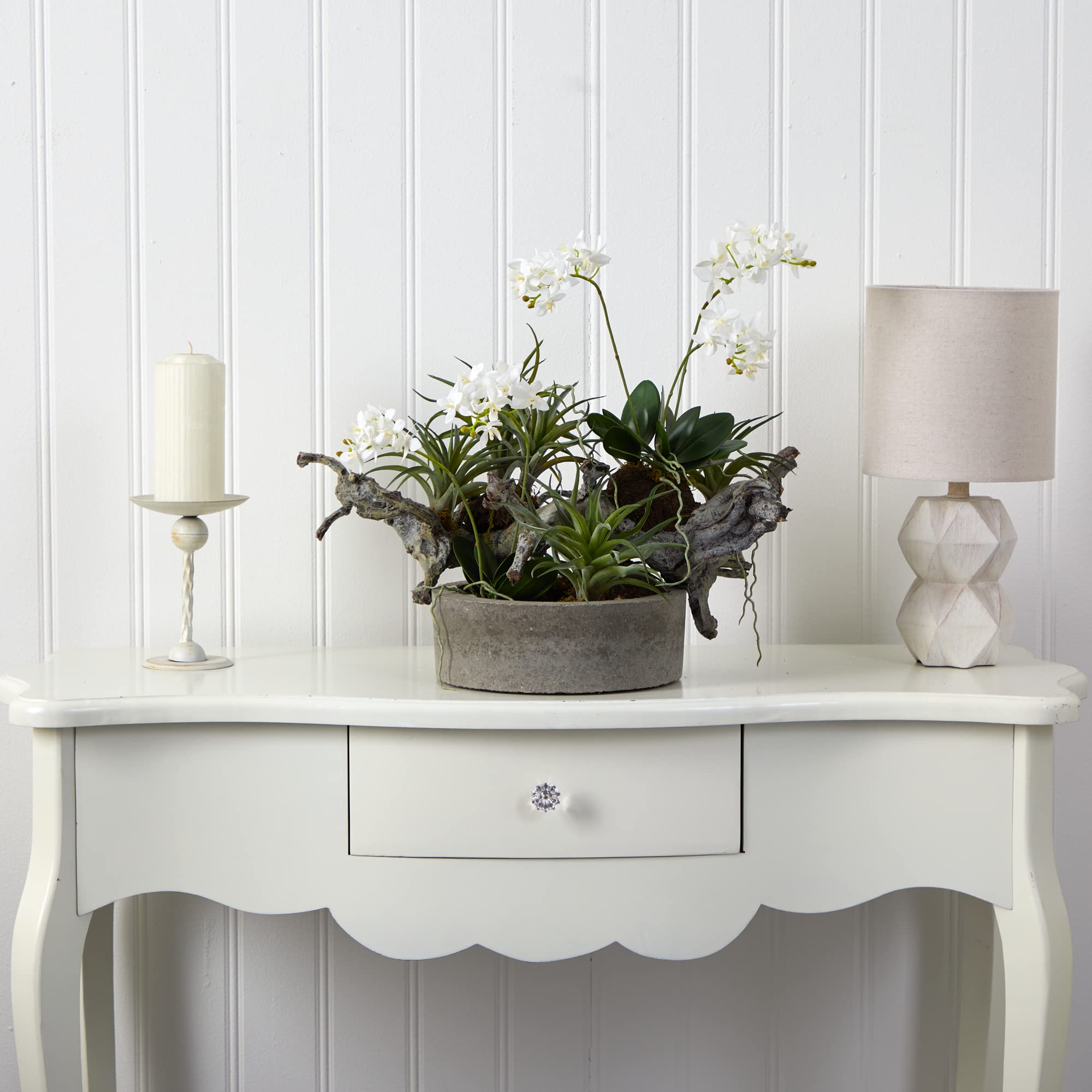 Nearly Natural Orchid & Succulent Garden Set with Driftwood & Decorative Vase - Artificial Plants for Home Decor, Office Desk, Living Room Centerpiece