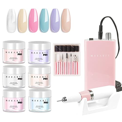 Makartt Rechargeable Professional Nail Drill 30000RPM - Portable Electric Nail File for Acrylic, Gel & Dip Powder Manicures - Includes 6 Candy Color Acrylic Powders & 2-in-1 Nude/Pink Tips - Perfect for Salon & Home Nail Art, DIY Manicures & Pedicures