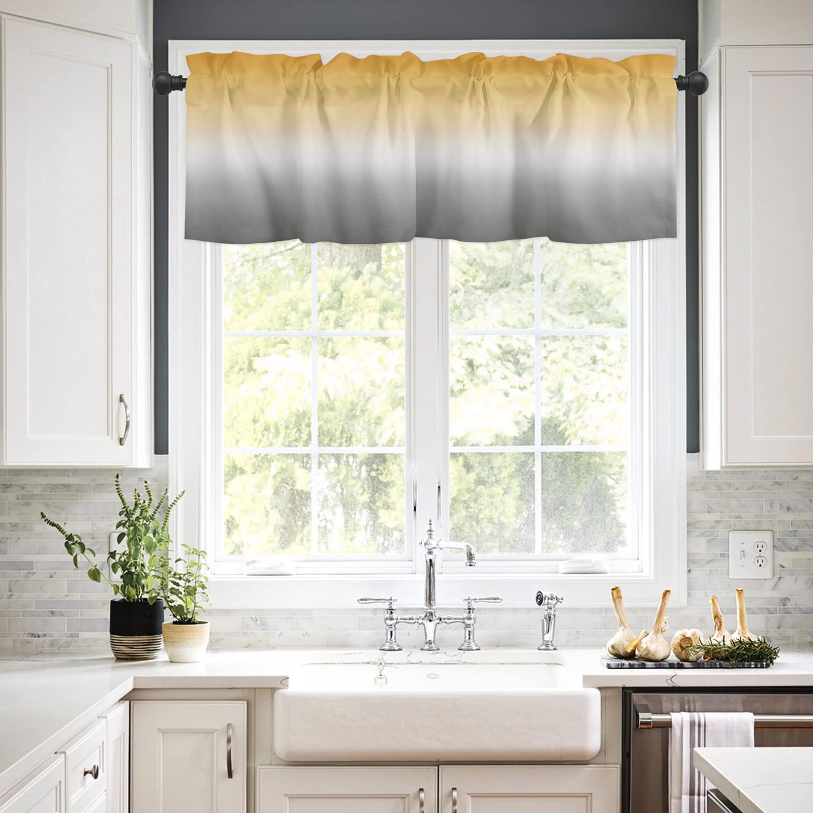 Ombre Yellow Gray Window Valance Curtain - Rod Pocket Design for Living Room, Kitchen, Bathroom - Soft & Washable Small Window Treatment (54x18 Inch, 1 Panel) - Perfect for Cozy Home Decor & Small Window Covering Needs