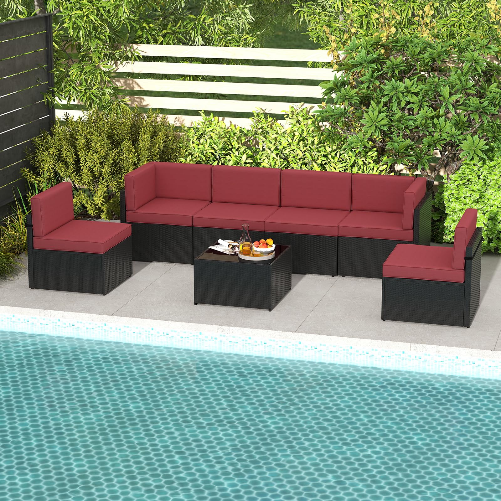 JSUN7 7-Piece Outdoor Patio Furniture Set - PE Rattan Wicker Sofa with Washable Cushions & Glass Coffee Table in Wine Red - Perfect for Garden, Backyard, and Poolside Relaxation
