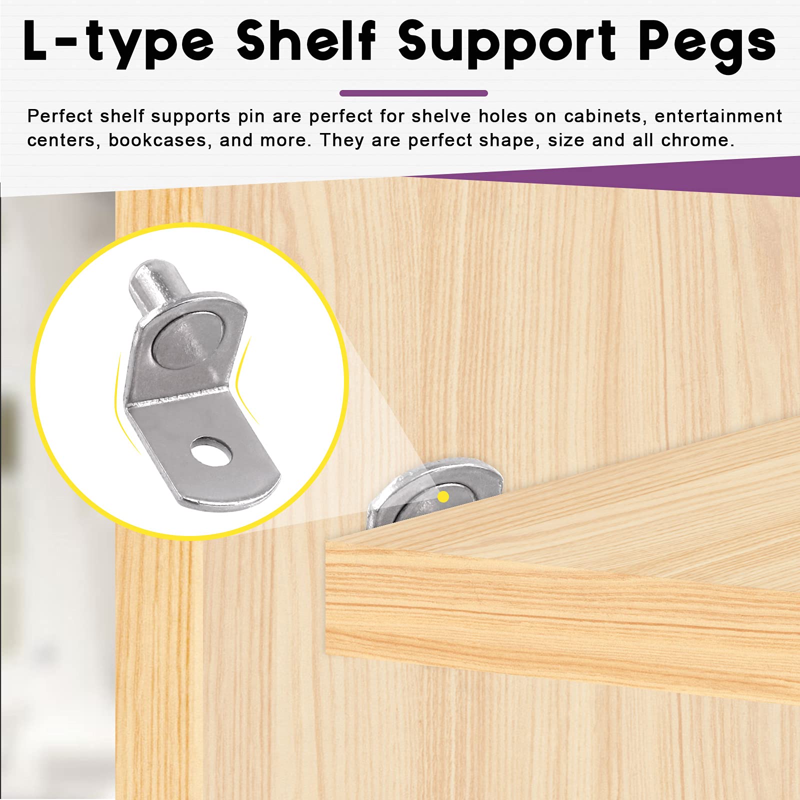 Swpeet 60 Pcs 6mm Silver L-Shelf Pins - Steel Support Pegs with Hole for Bookcases, Cabinets & Entertainment Centers | Durable Shelf Holder Pins Bracket for Home Organization & Furniture Assembly
