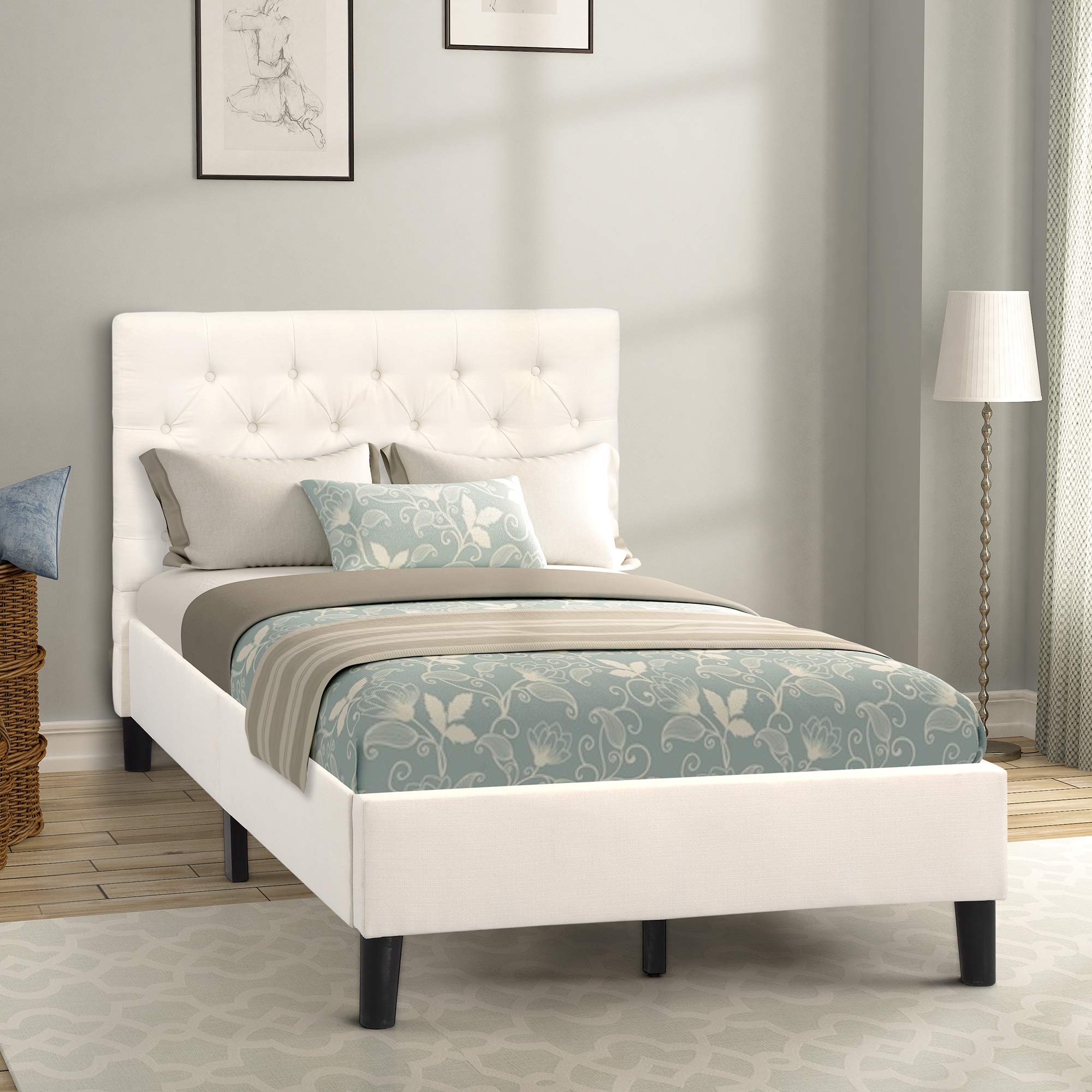 Linen Upholstered Twin Size Platform Bed Frame in Beige - Perfect for Kids' Rooms, Guest Bedrooms & Modern Minimalist Decor