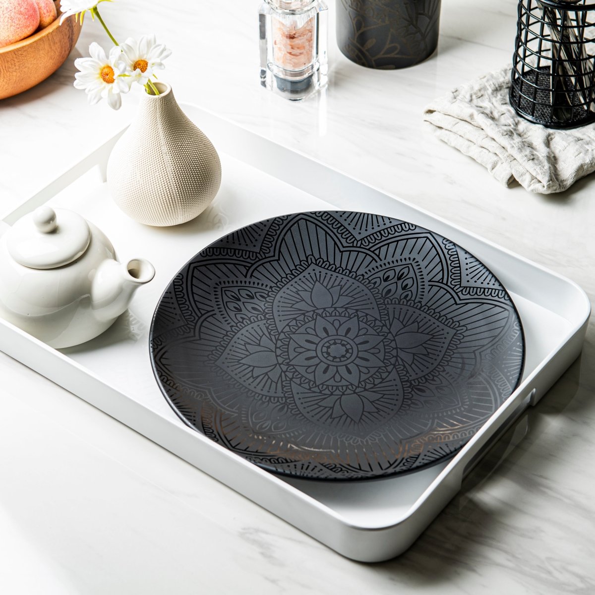 La La Mandala Melamine 11.5 x 16 Inch White Gallery Serving Tray | Decorative Tray for Home Decor, Dining Table Centerpiece, and Wall Display
