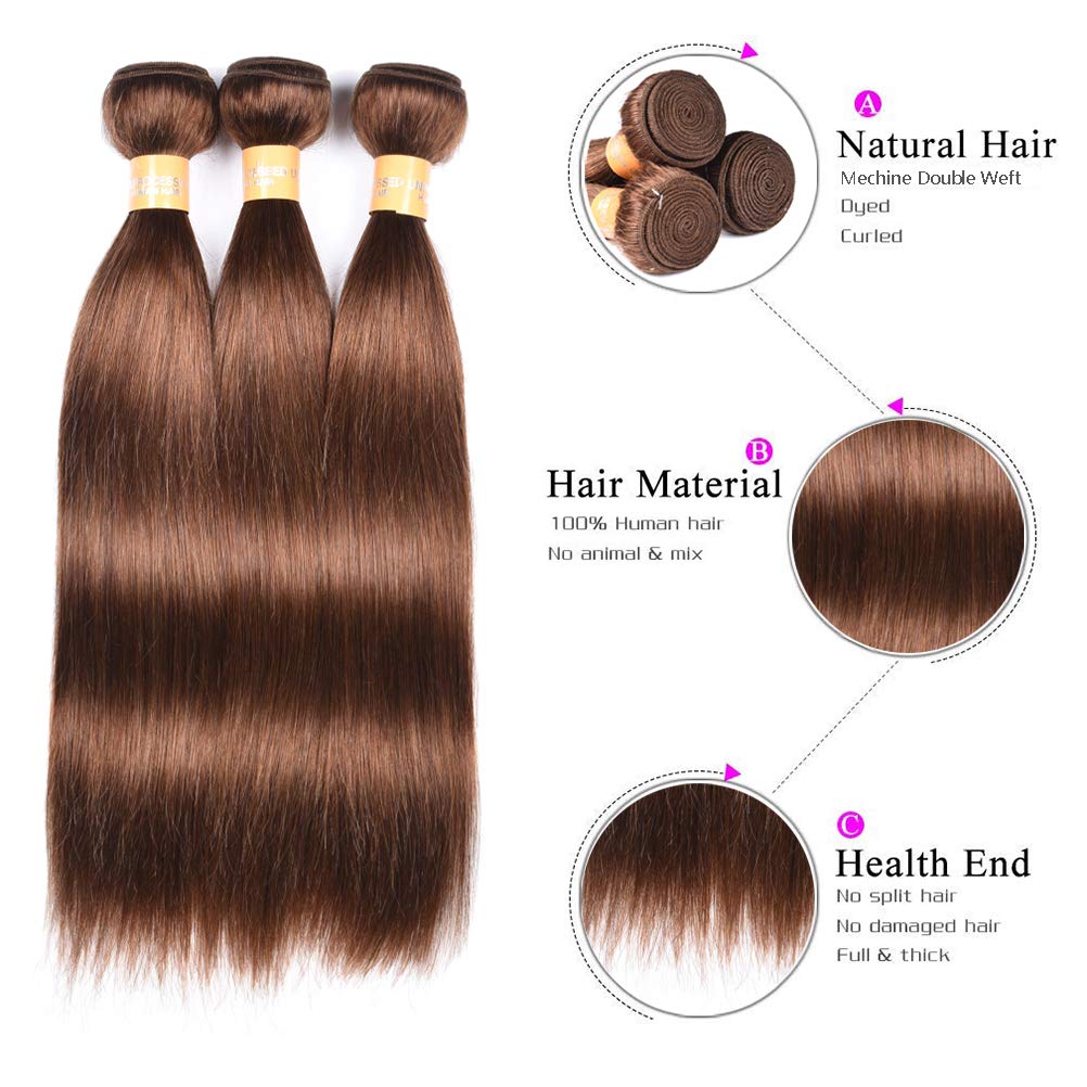 100% Virgin Peruvian Human Hair Bundles - Unprocessed Silky Straight Hair Extensions 3 Bundles (18 20 22 Inch, Medium Brown 4#) for Weaving, Styling & Everyday Glamour